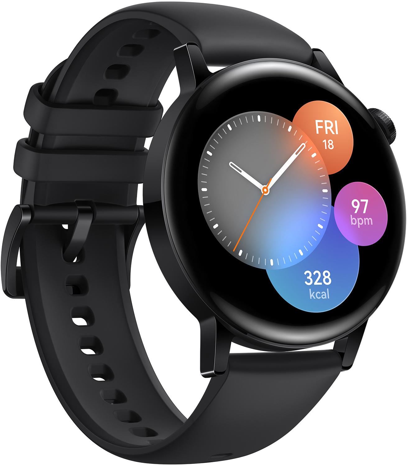 Eine schwarze Smartwatch mit rundem Zifferblatt, das Datum, Herzfrequenz und Kalorien anzeigt, auf weißem Grund.