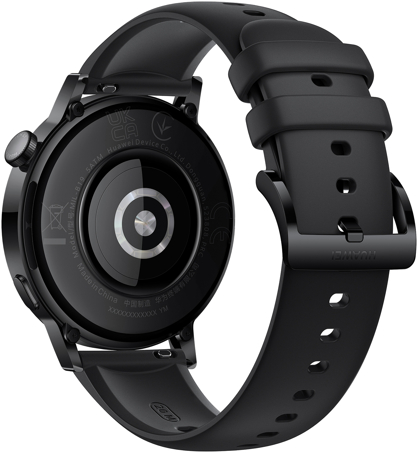 Schwarze Huawei Smartwatch, Rückansicht. Zeigt die Rückseite der Uhr und das schwarze Armband.