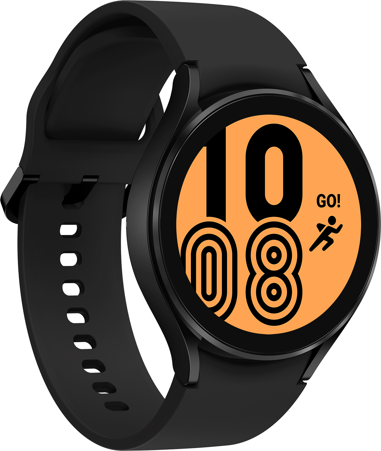 Schwarz-orange Smartwatch, zeigt die Zeit '10:08' und ein laufendes Personensymbol.