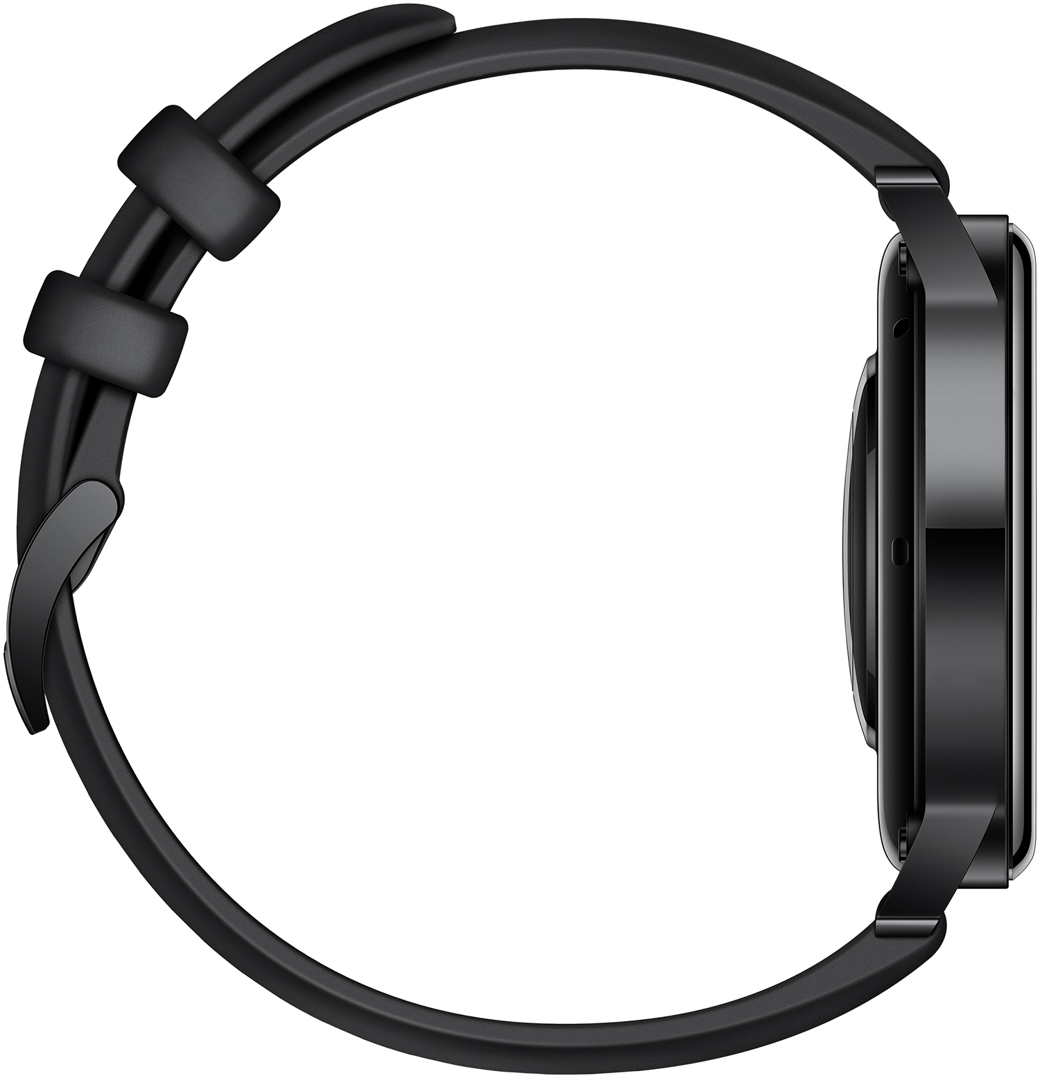 Schwarze Smartwatch mit schwarzem Armband. Die Uhr ist rund mit Display und Seitentaste.