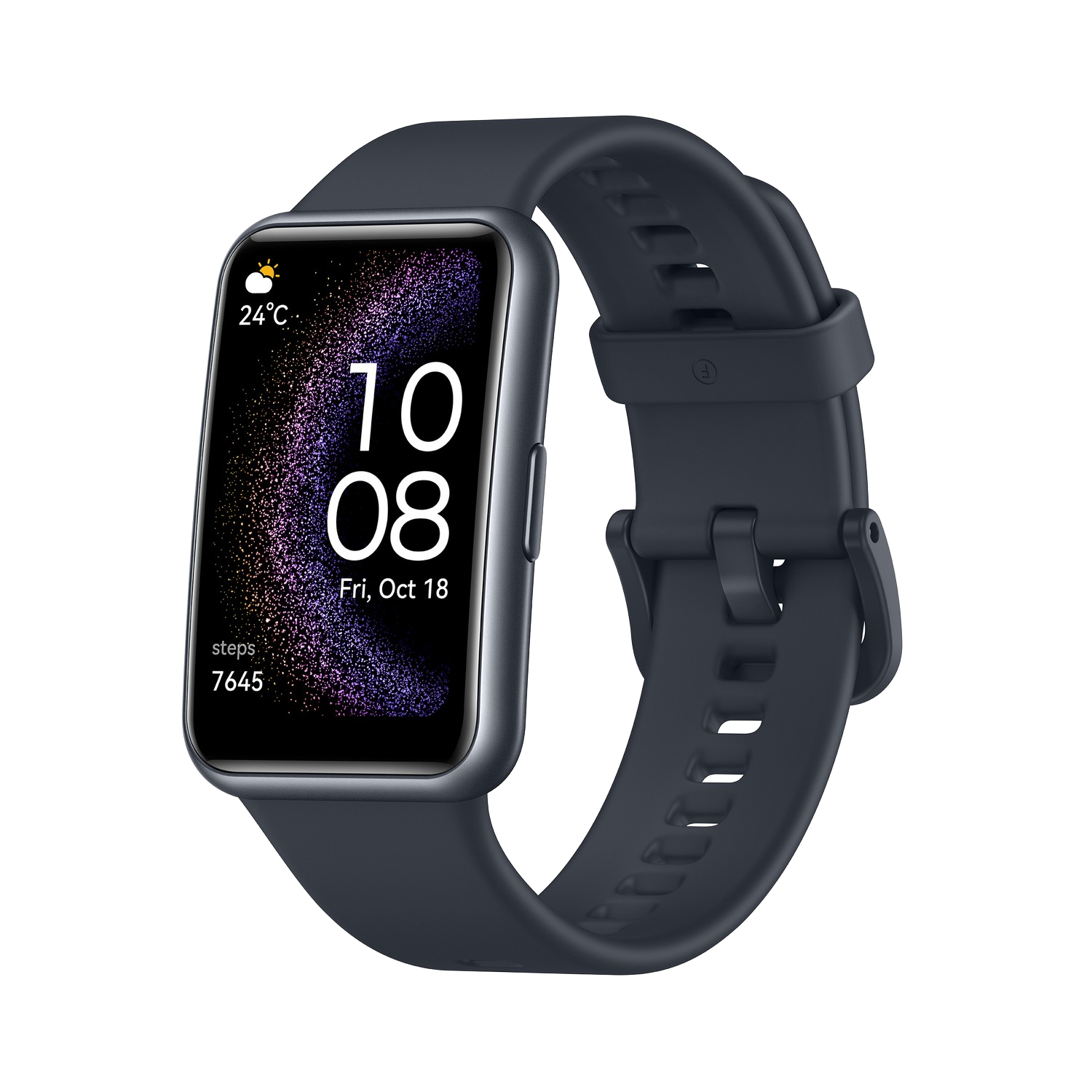 Smartwatch z ciemnym ekranem, pokazujący godzinę, kroki i pogodę, z ciemnym paskiem.