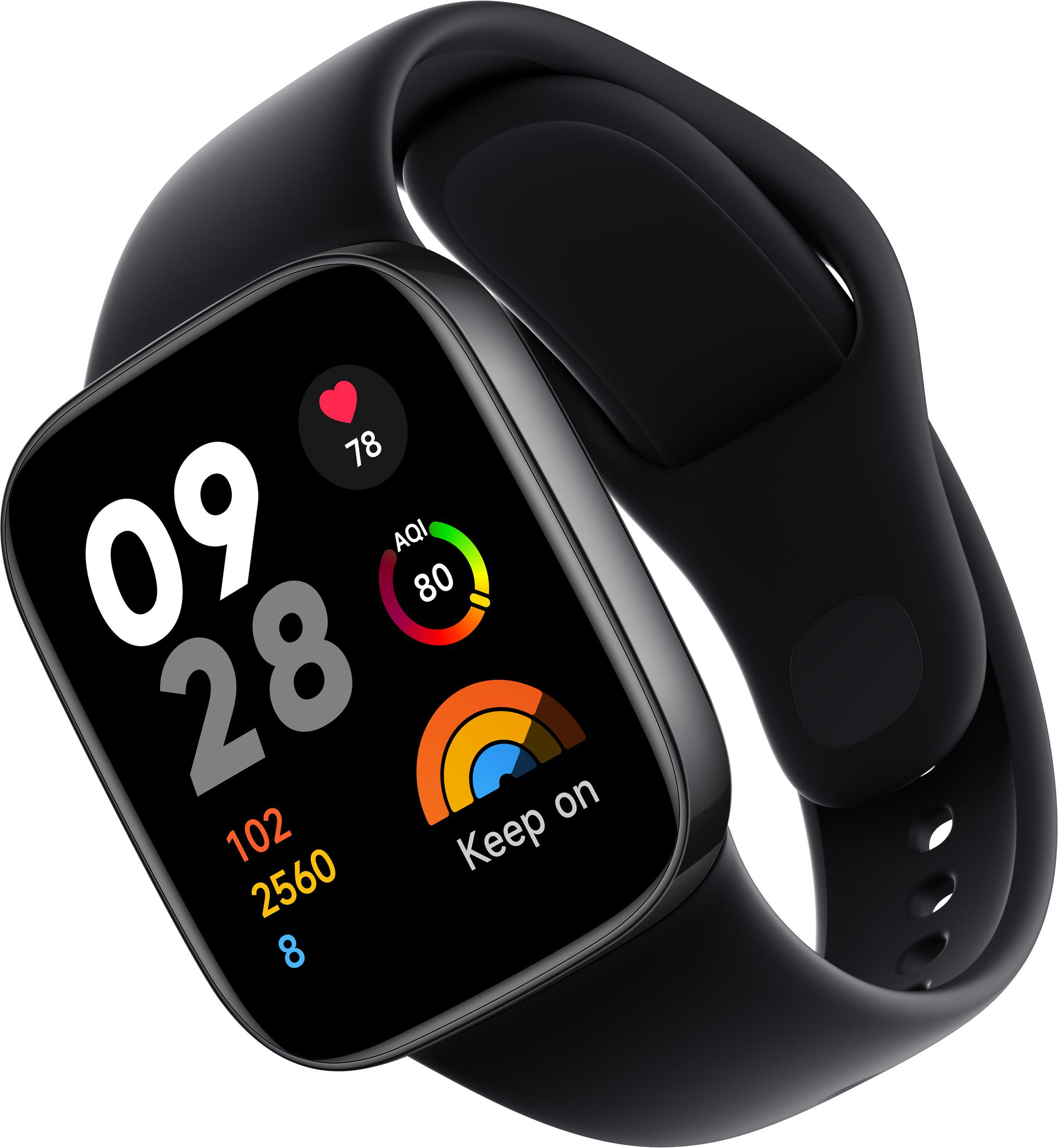 Czarny smartwatch z ekranem wyświetlającym czas i dane zdrowotne, na czarnym pasku.