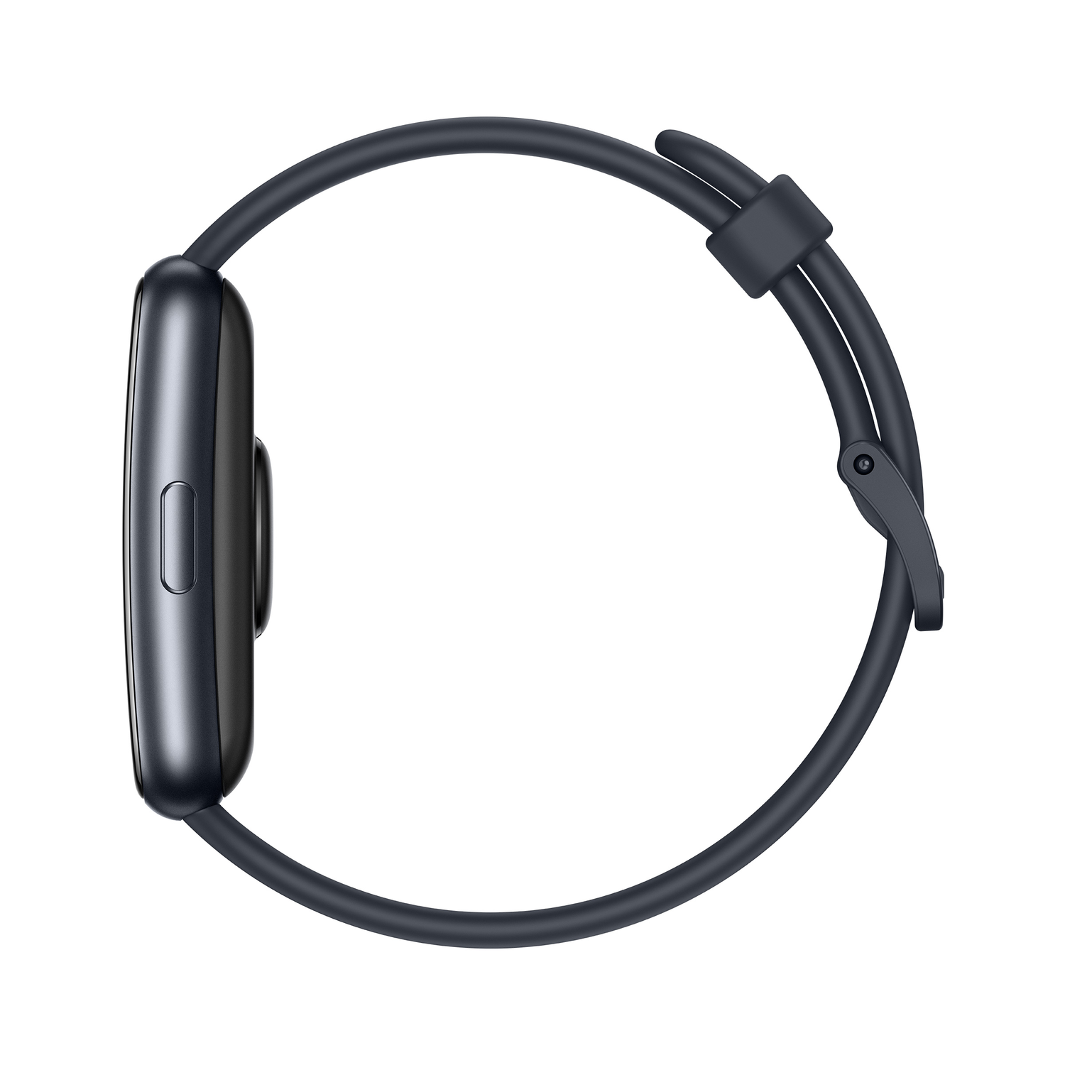 Czarny smartwatch z ciemnym paskiem na białym tle, widok z boku.