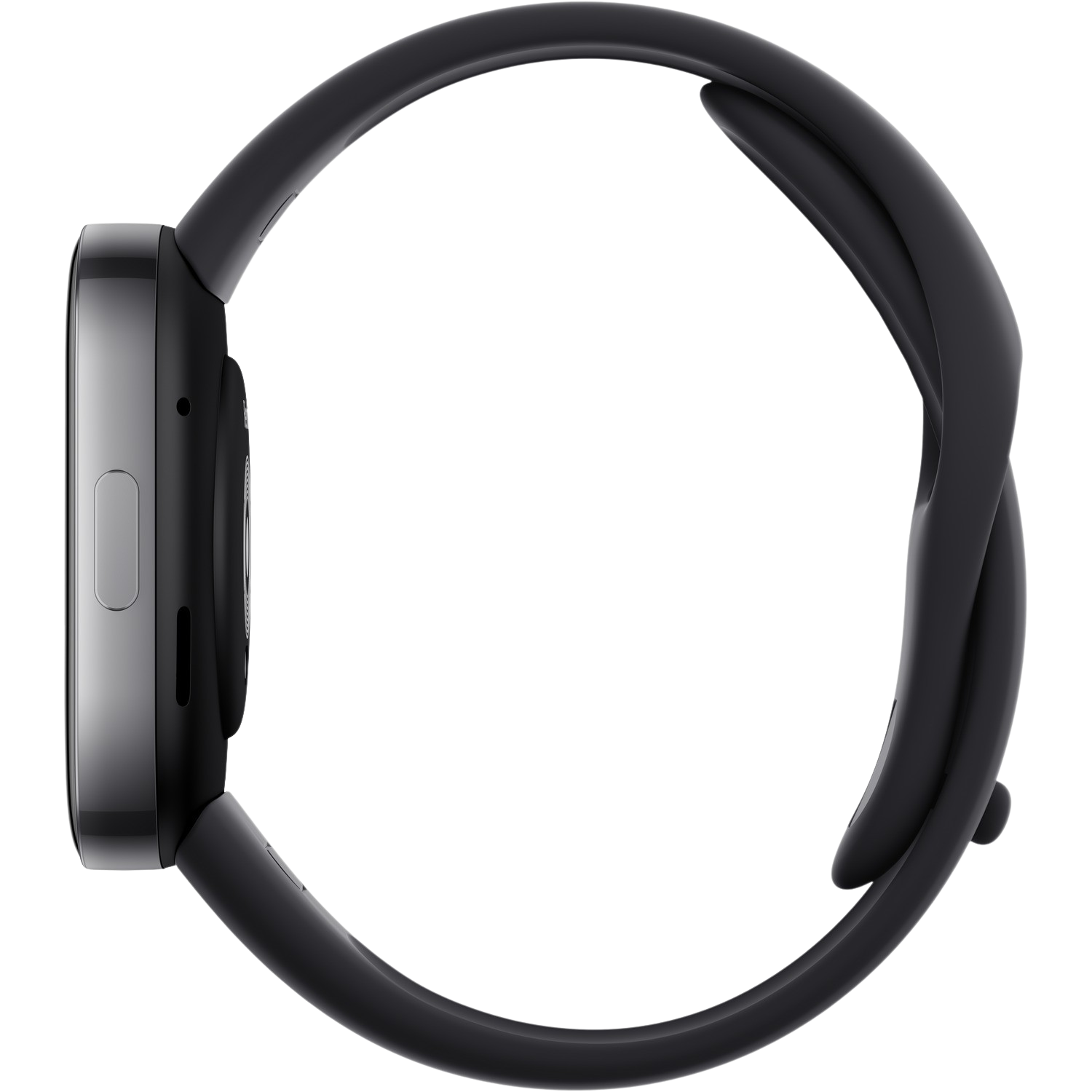 Czarny smartwatch z zakrzywionym paskiem, widok z boku.