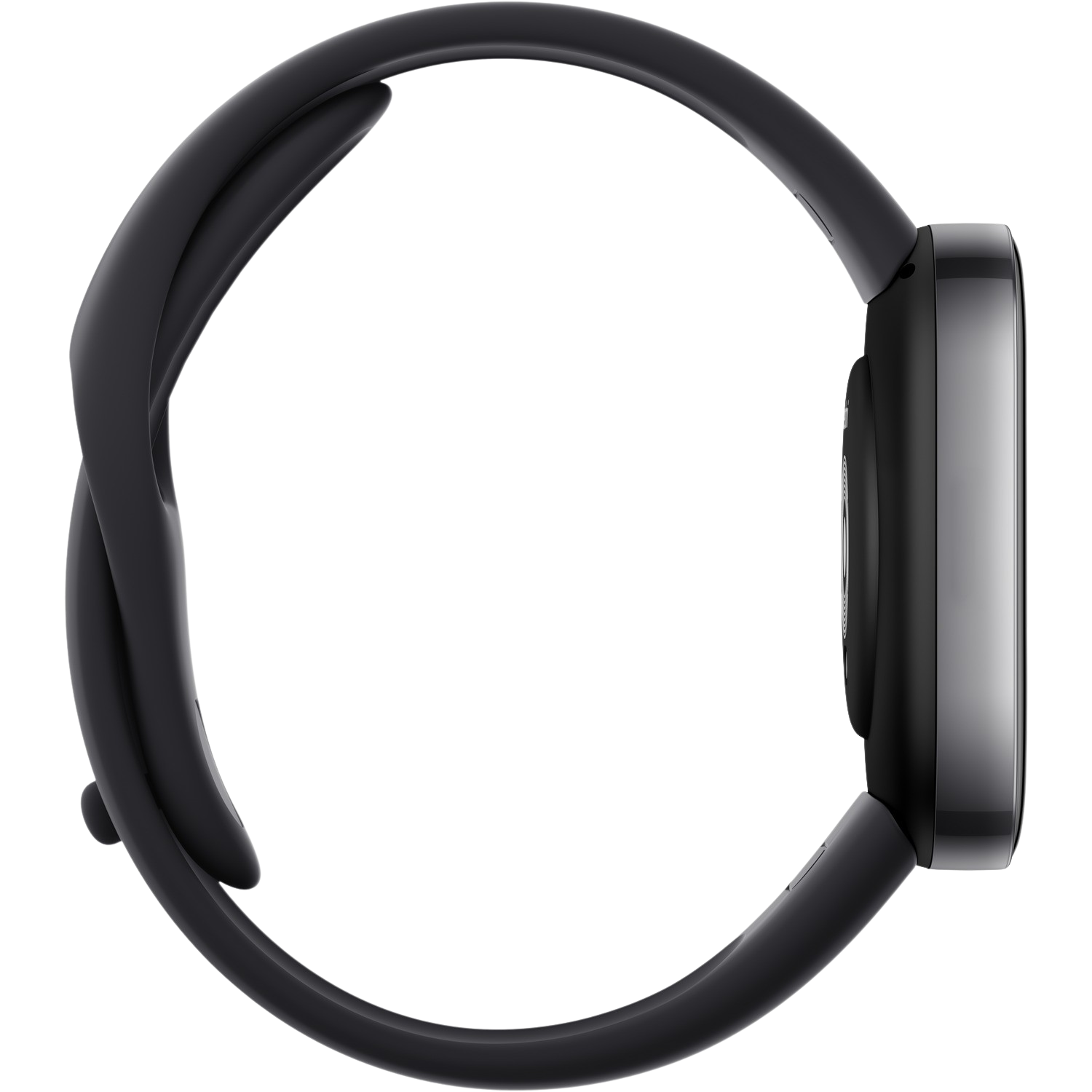 Widok z boku czarnego smartwatcha z czarnym paskiem na czarnym tle.