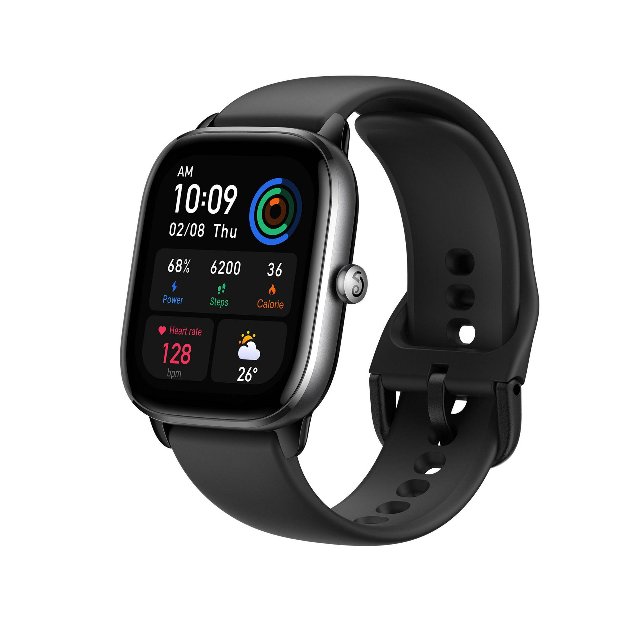 Smartwatch nero che mostra metriche di salute: tempo, passi, frequenza cardiaca e calorie. Cinturino nero.