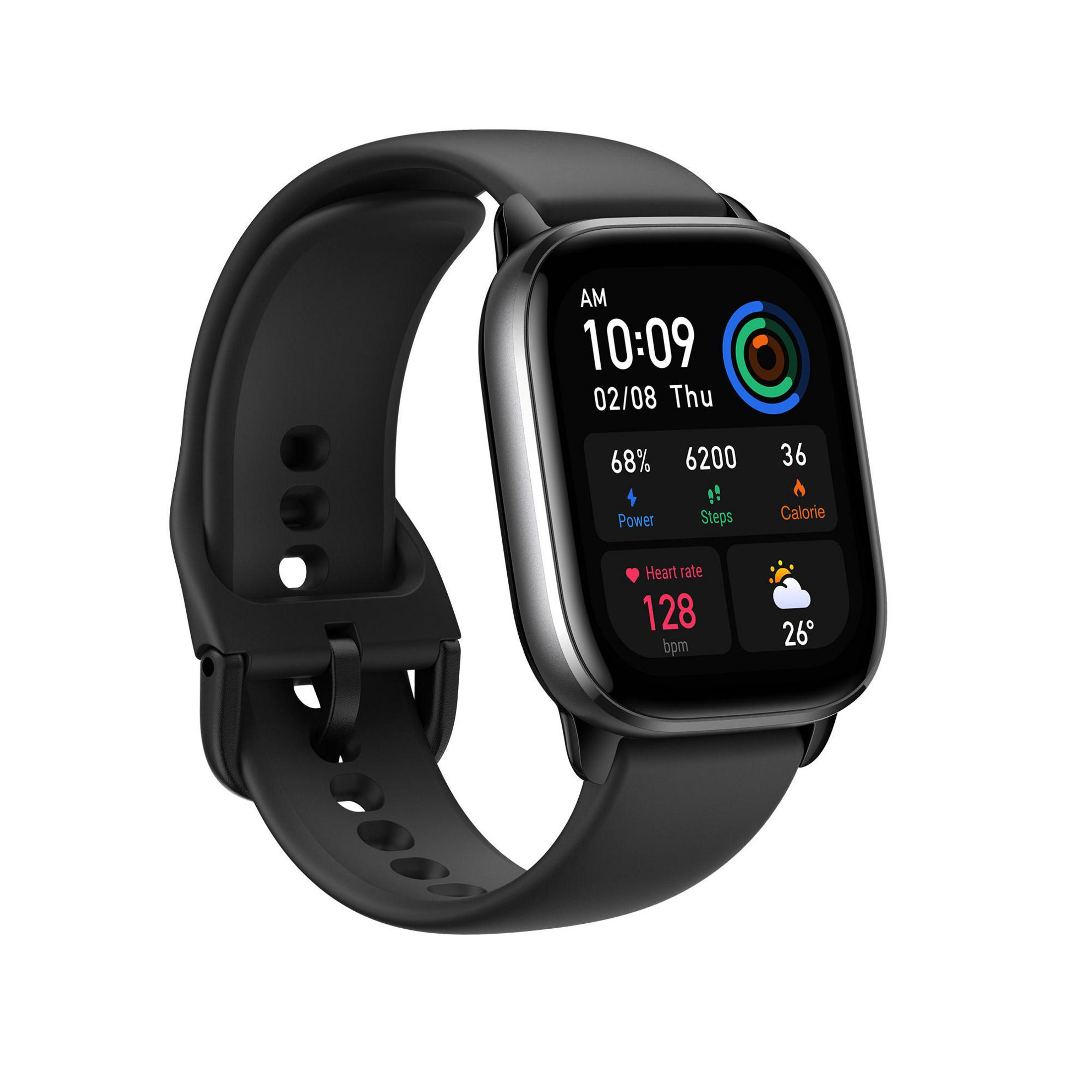 Uno smartwatch nero visualizza i dati sullo schermo. L'orologio è su uno sfondo bianco.