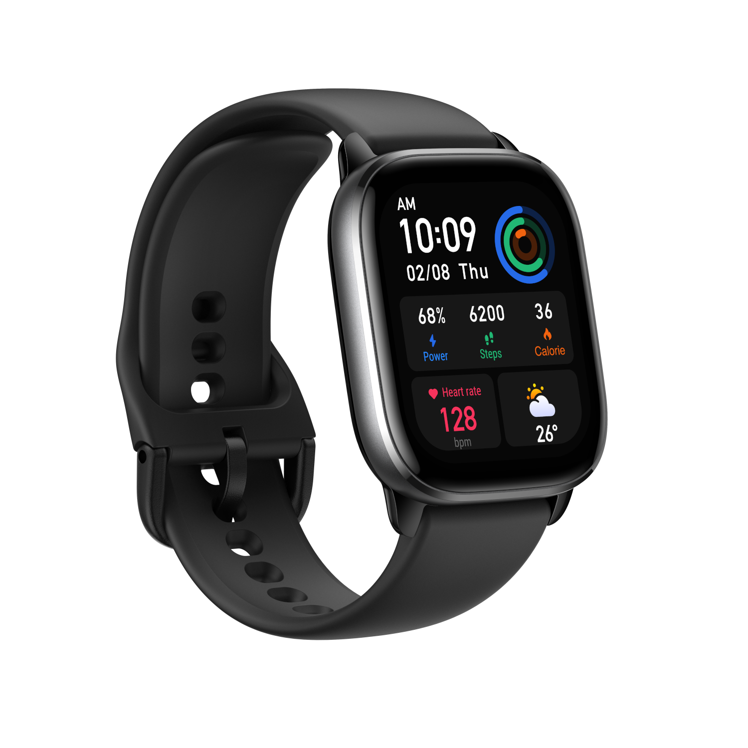 Smartwatch nero con cinturino nero. Lo schermo mostra ora, batteria, passi, frequenza cardiaca e meteo.