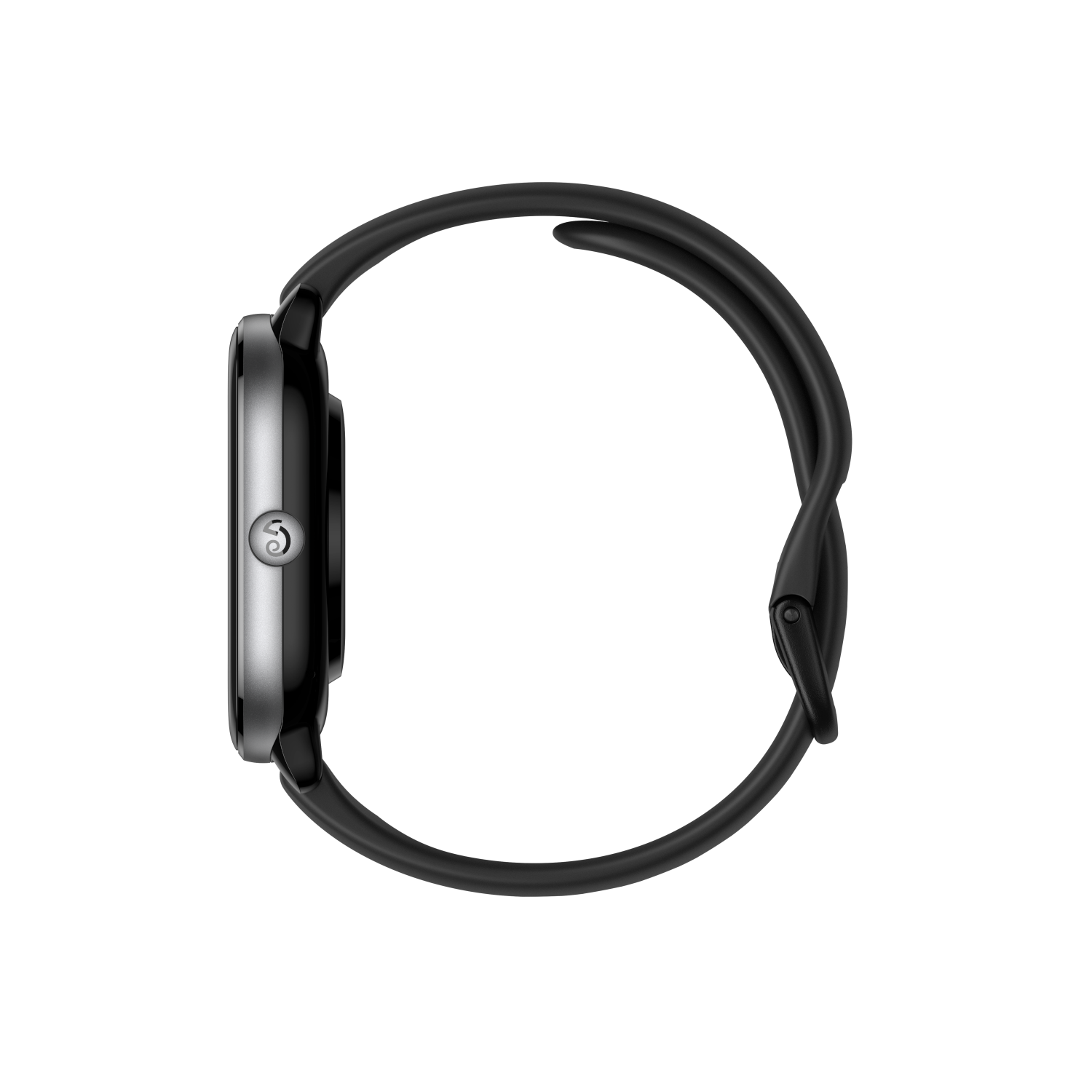 Vista laterale di uno smartwatch nero con cinturino nero. Il cinturino si avvolge attorno all'orologio.