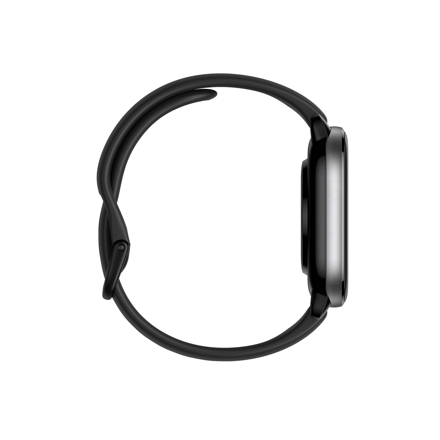 Uno smartwatch nero con quadrante rotondo e cinturino nero, visto di lato.