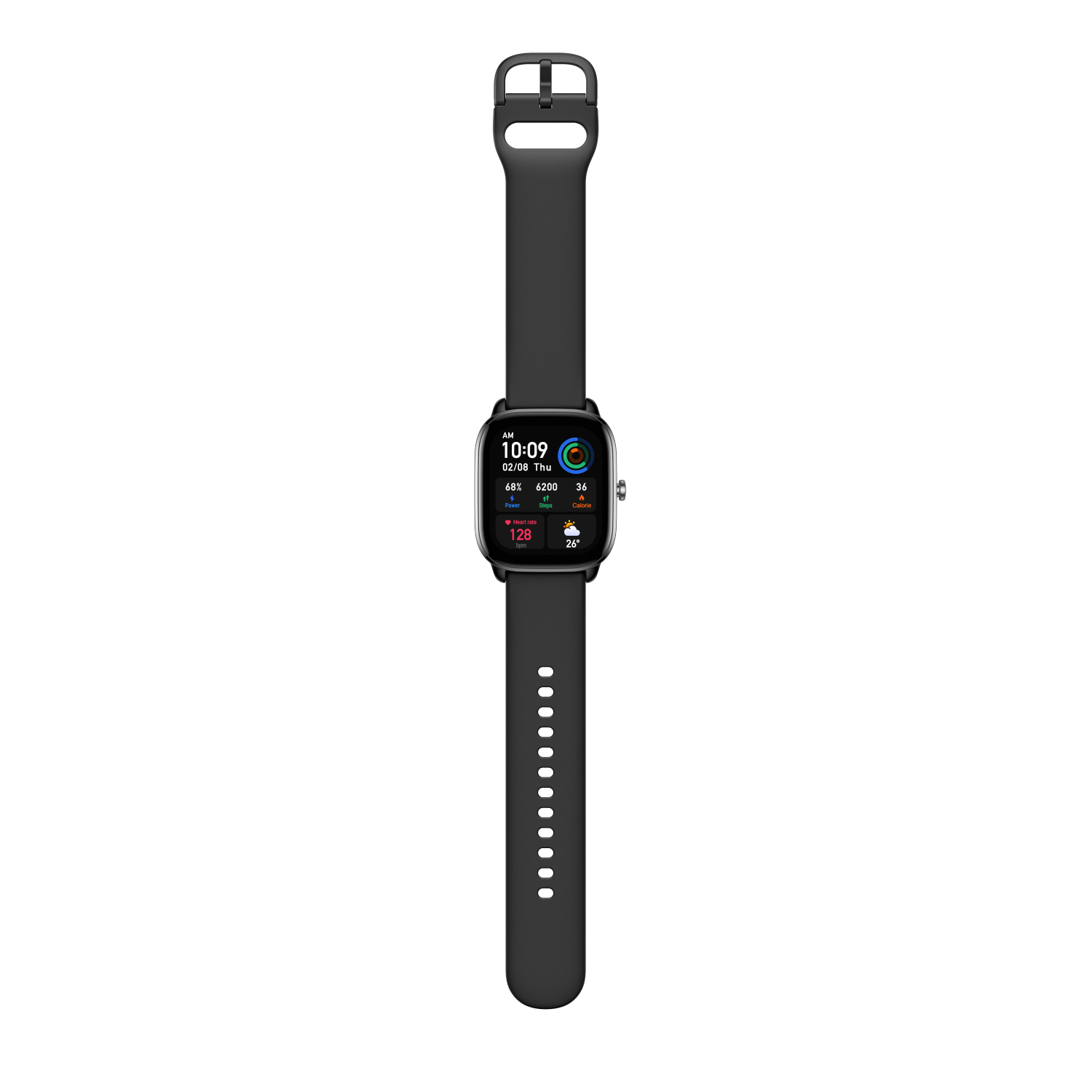 Uno smartwatch nero con display rettangolare, cinturino nero e sfondo nero.