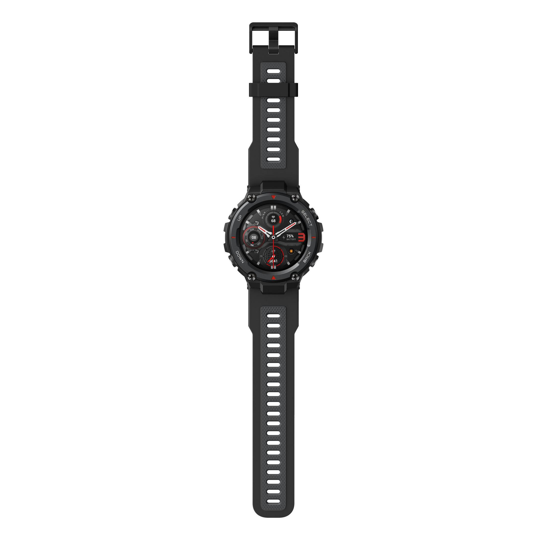 Schwarze Smartwatch mit schwarzem Armband. Es hat ein rundes Display und Knöpfe an der Seite.