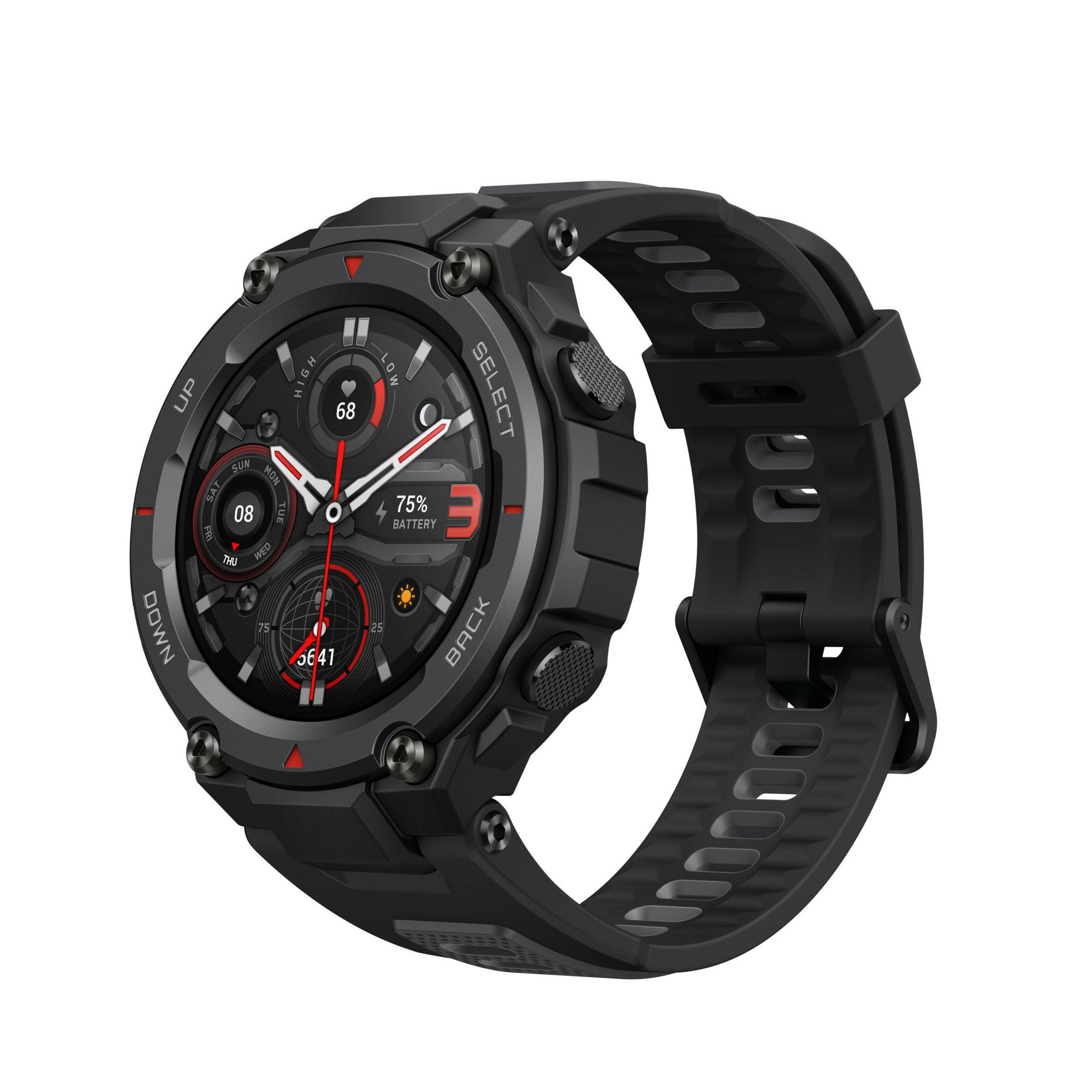 Eine schwarze Smartwatch mit digitaler Anzeige, schwarzem Armband und robustem Design.