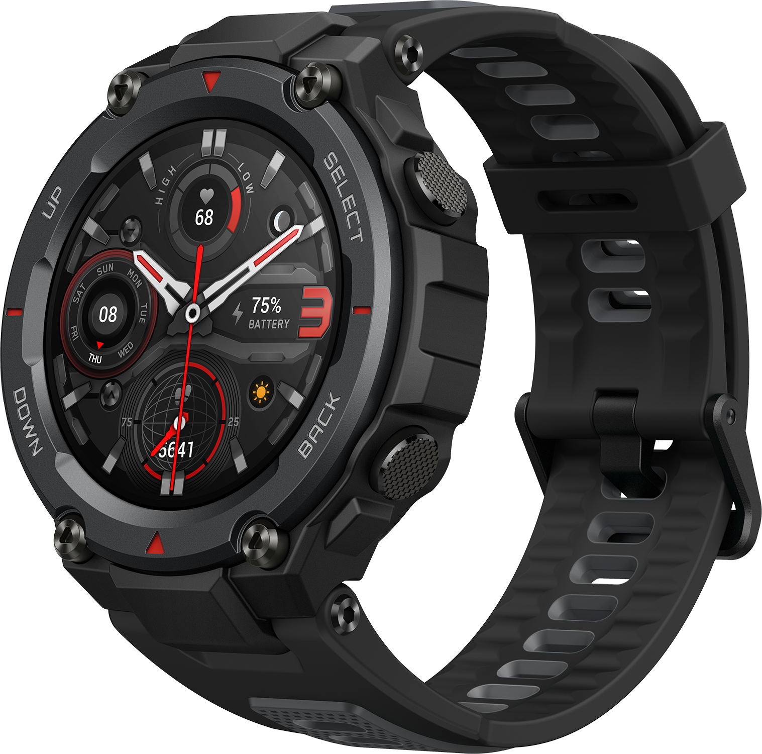 Schwarze Smartwatch mit schwarzem Armband, zeigt Zeit und Batterieinfo.