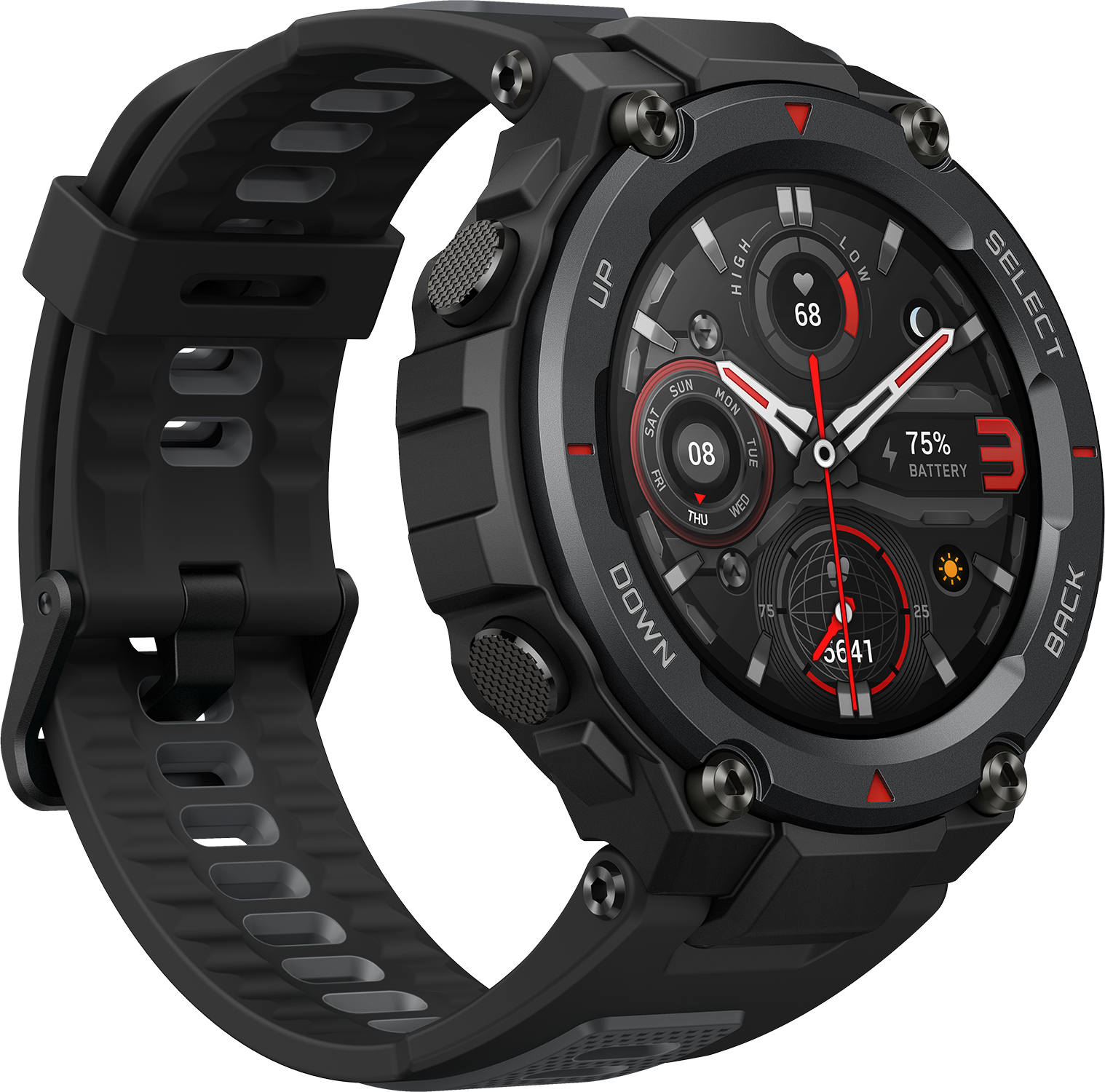 Eine schwarze Smartwatch mit rundem Display, schwarzem Armband und Knöpfen.