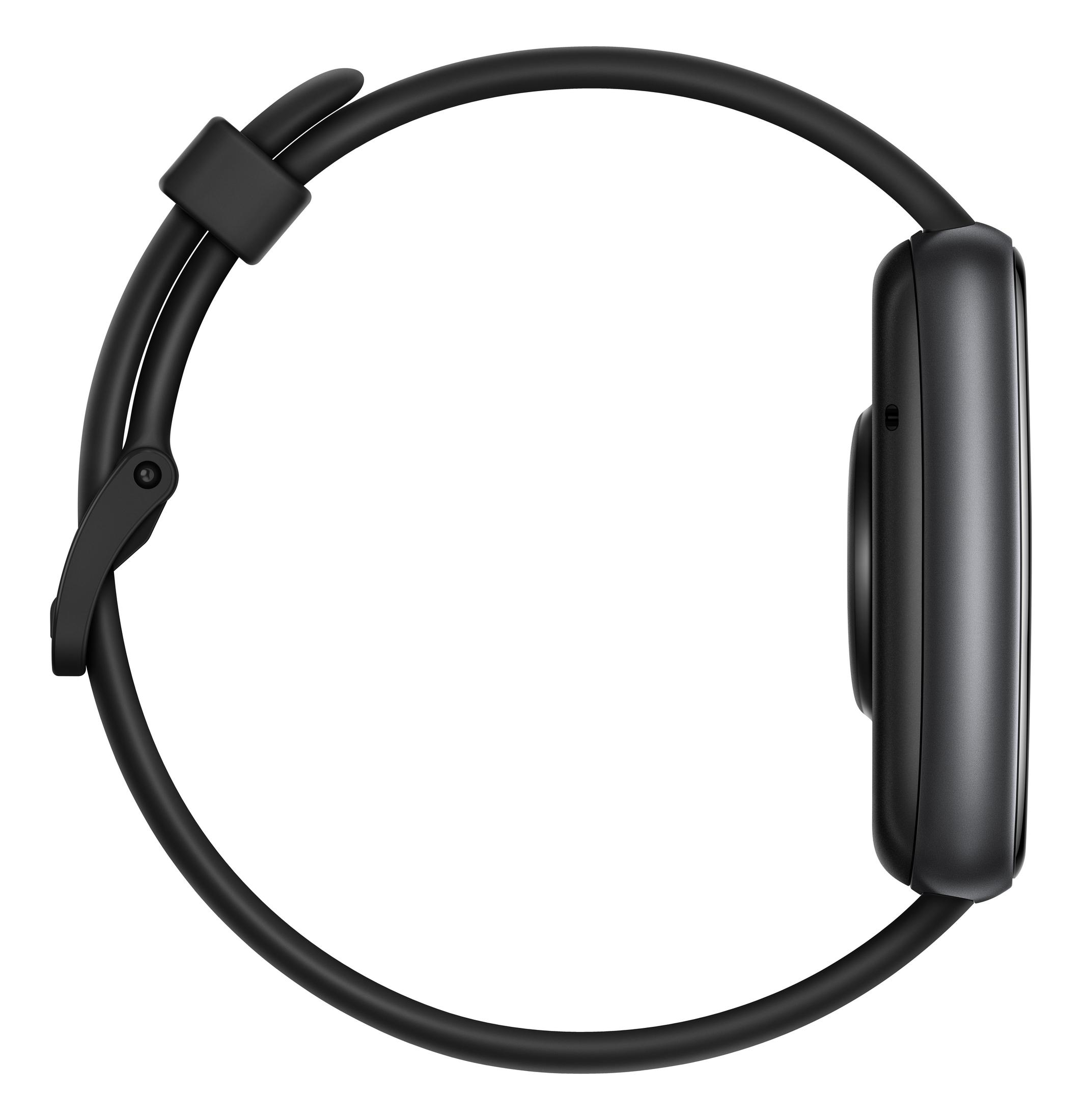 Smartwatch negra con correa negra. El reloj se ve de perfil lateral.