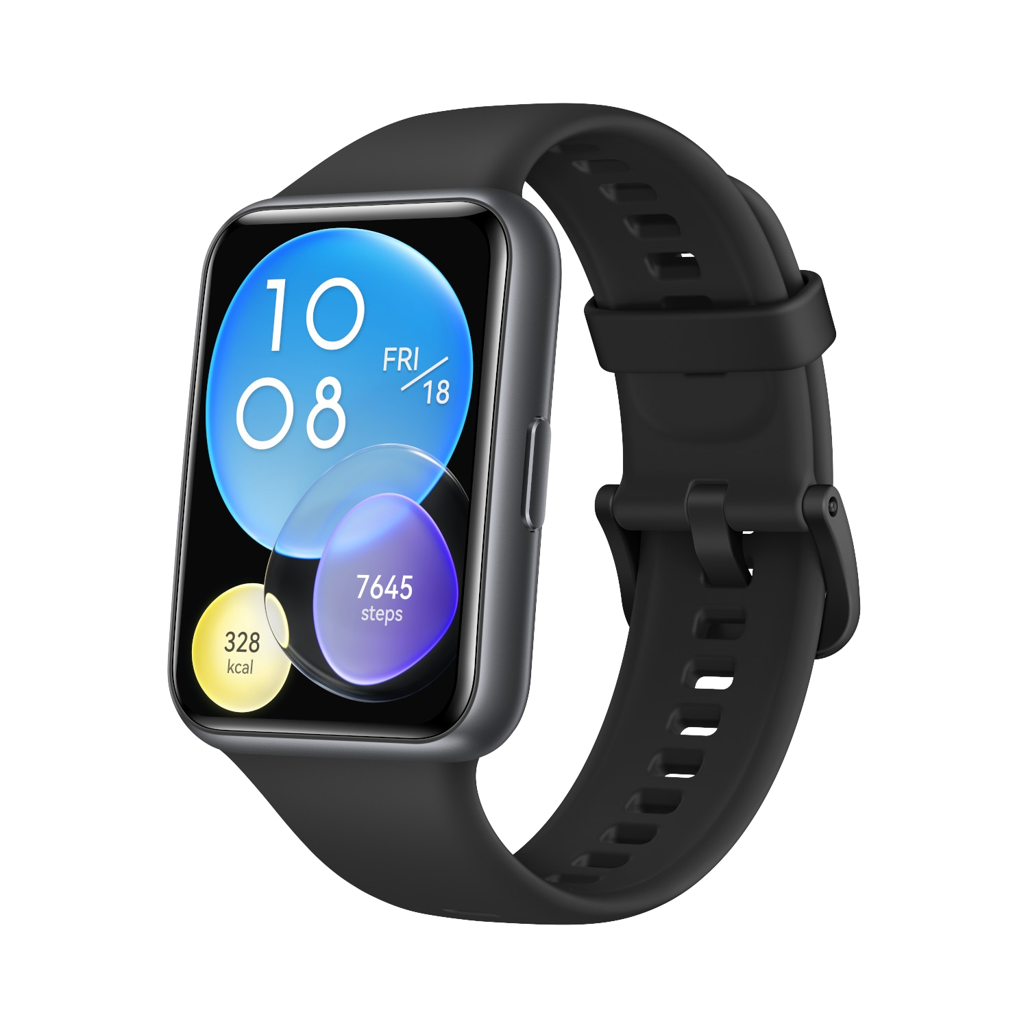 Reloj inteligente negro que muestra la hora, la fecha y las métricas de actividad sobre un fondo negro.