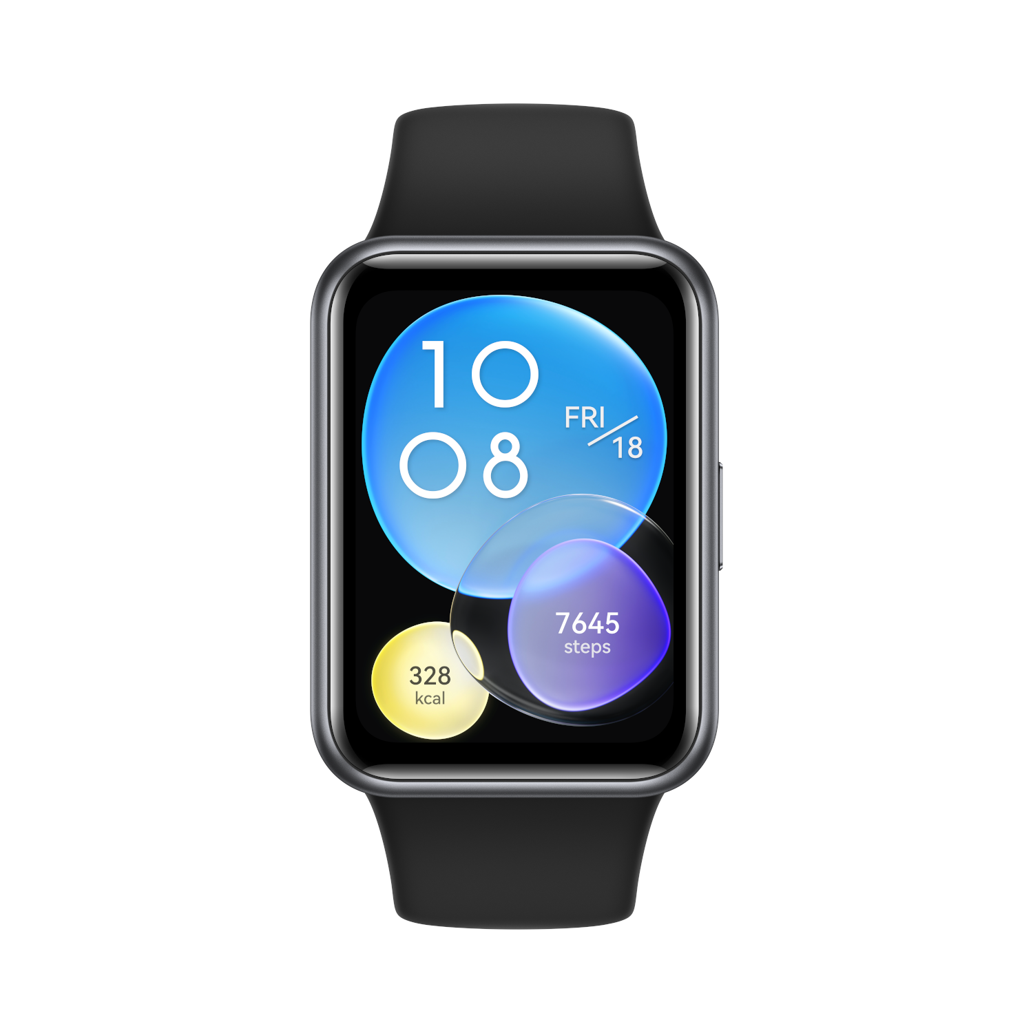 Reloj inteligente negro con pantalla que muestra fecha, hora, calorías y pasos.
