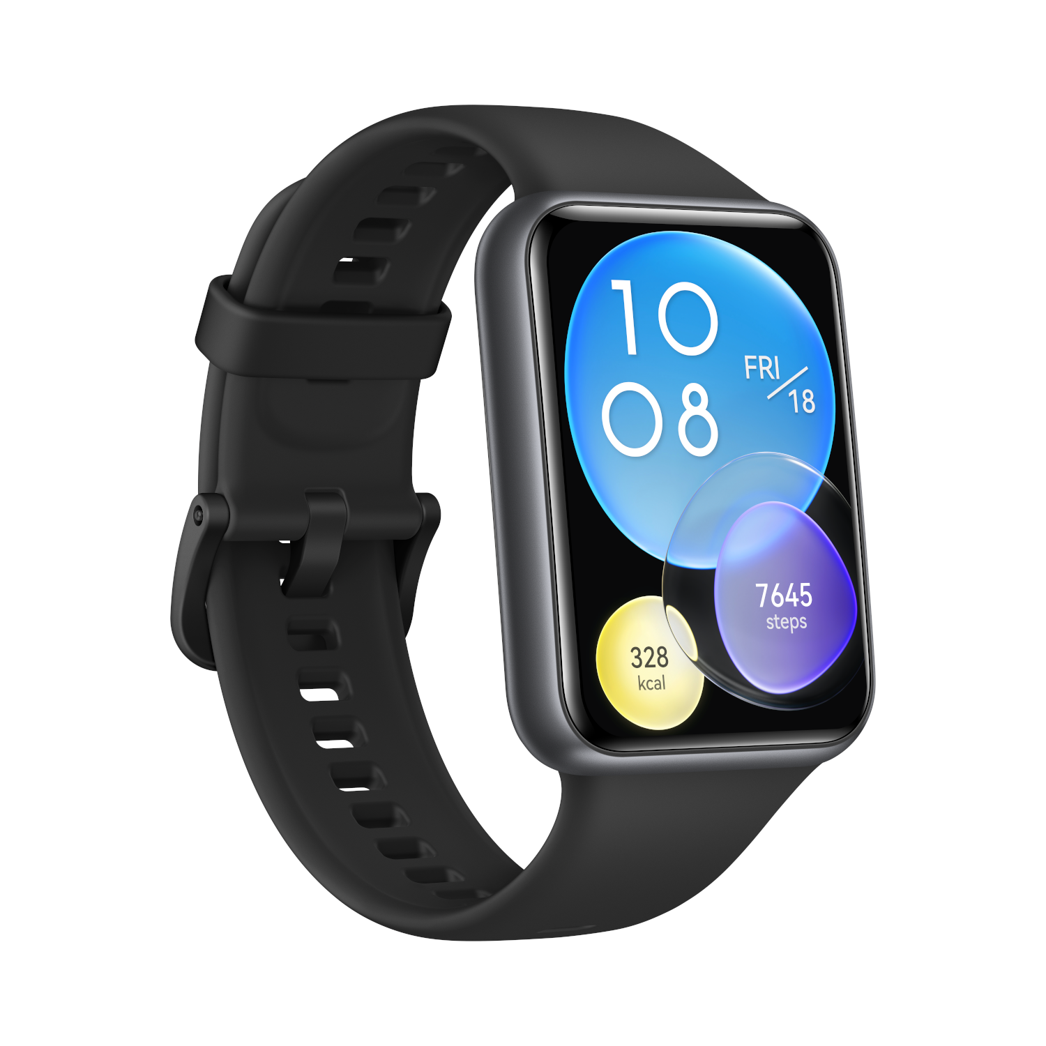 Reloj inteligente negro con correa negra. La pantalla muestra fecha, hora, pasos y calorías.