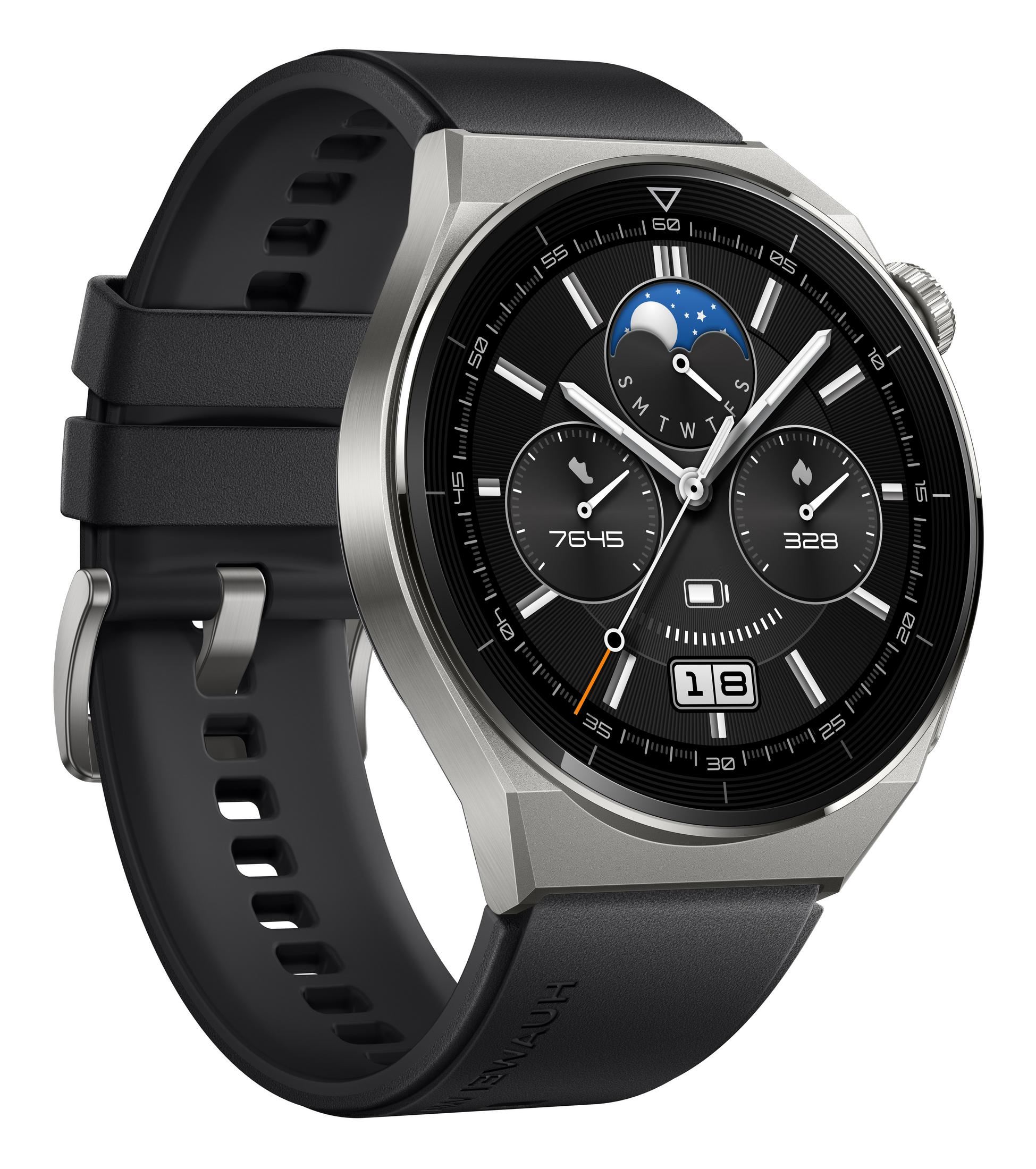Eine Huawei Smartwatch mit schwarzem Armband und silbernem Rahmen. Zeigt das Ziffernblatt.