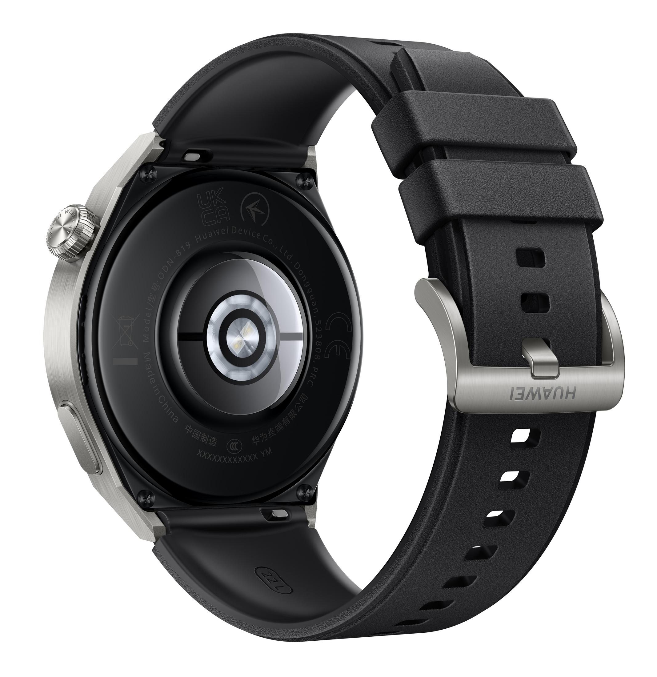 Rückseite einer silbernen Smartwatch mit schwarzem Armband und Huawei-Logo.
