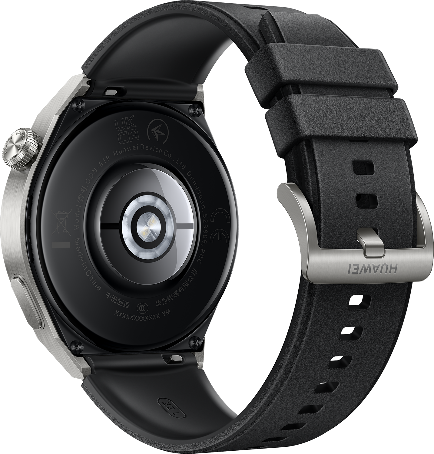 Rückseite einer silbernen Smartwatch mit schwarzem Armband, Huawei-Logo nah.