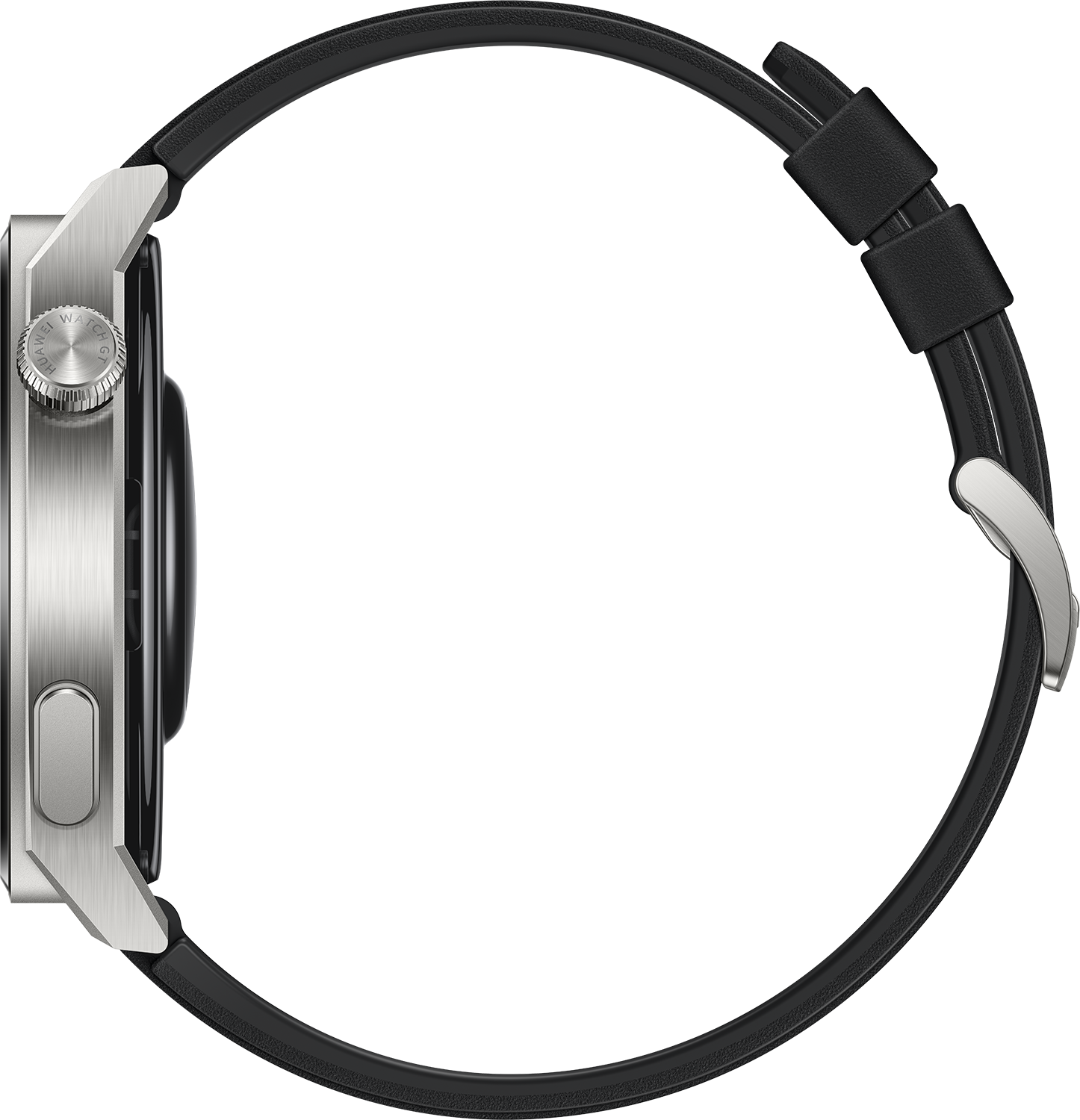 Silberne Smartwatch mit schwarzem Armband, Seitenansicht.