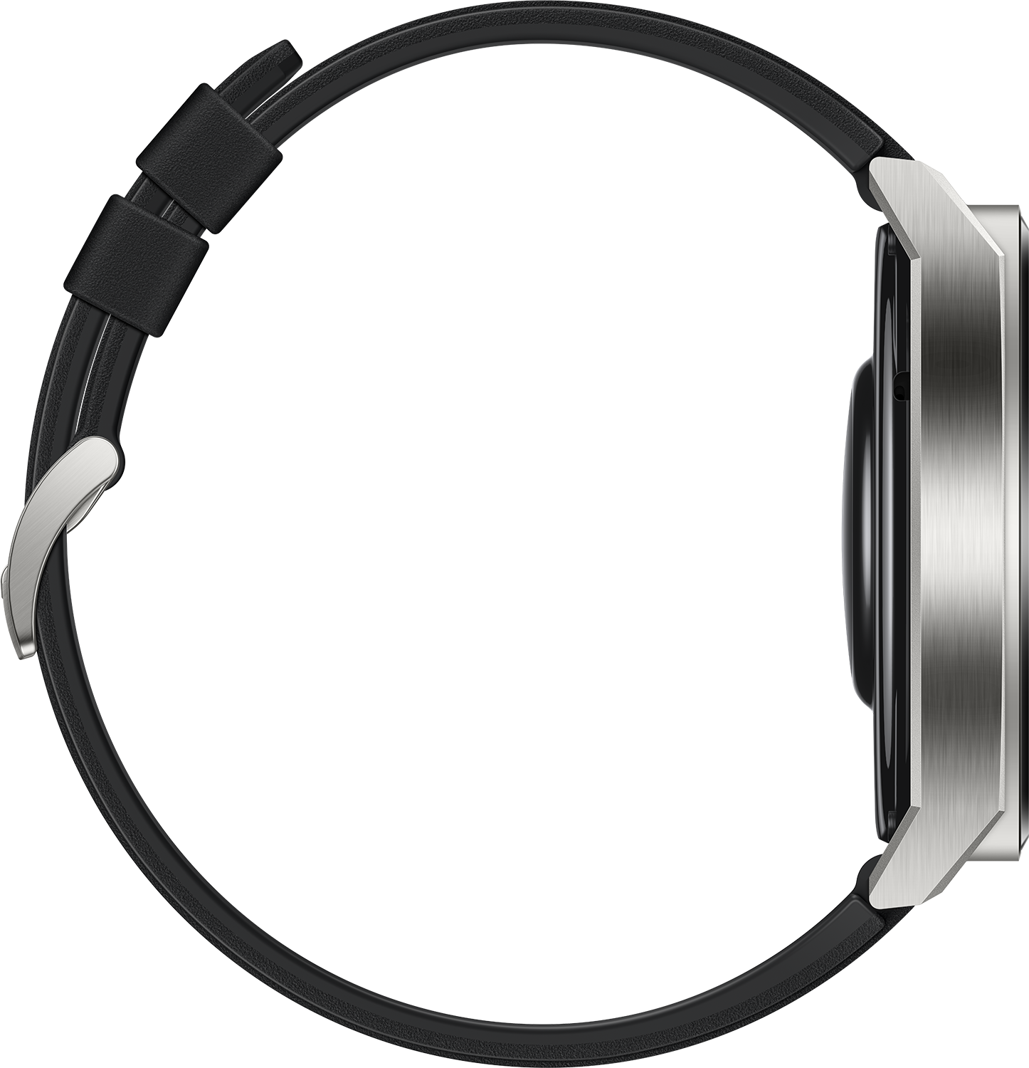 Seitenansicht einer silbernen Smartwatch mit schwarzem Lederarmband. Schwarzer Hintergrund.
