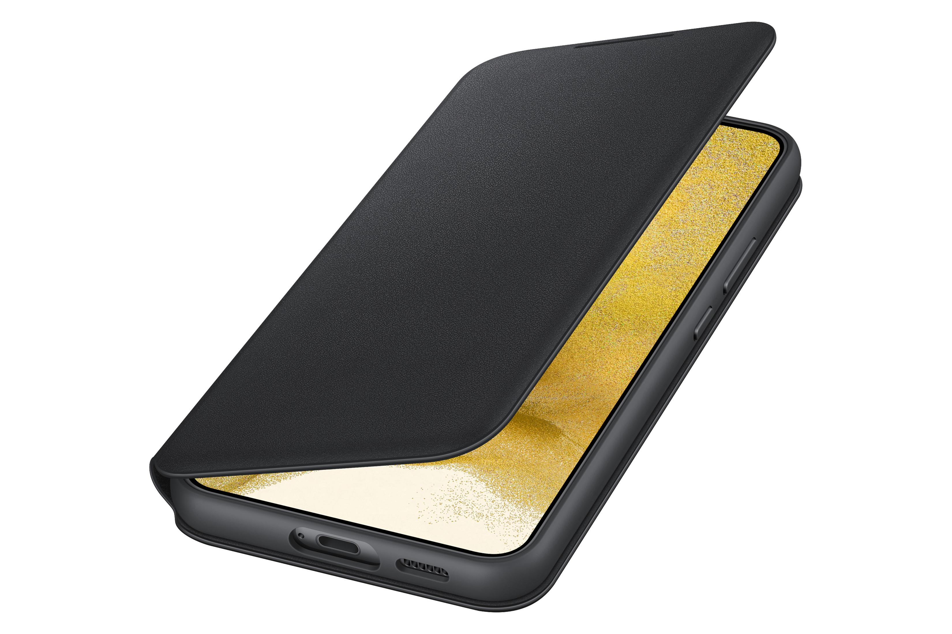 Zwarte Samsung telefoonhoes met de telefoon gedeeltelijk zichtbaar. De hoes is open.