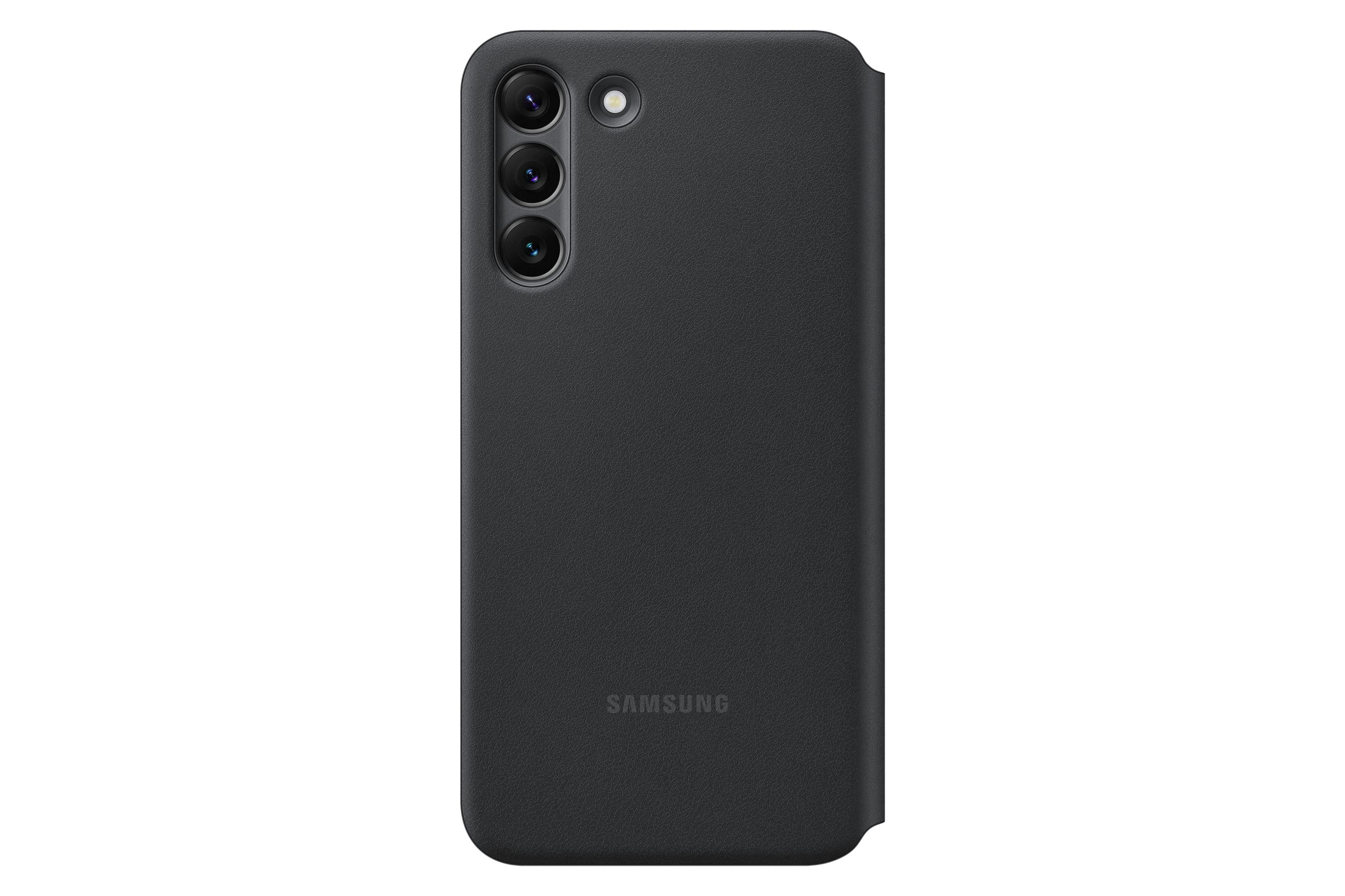 Een zwarte Samsung telefoonhoes met drie cameralenzen en de merknaam.