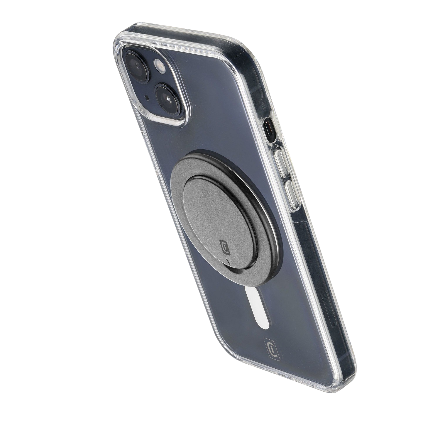 Una funda transparente para teléfono con un accesorio MagSafe circular negro sobre un fondo negro.
