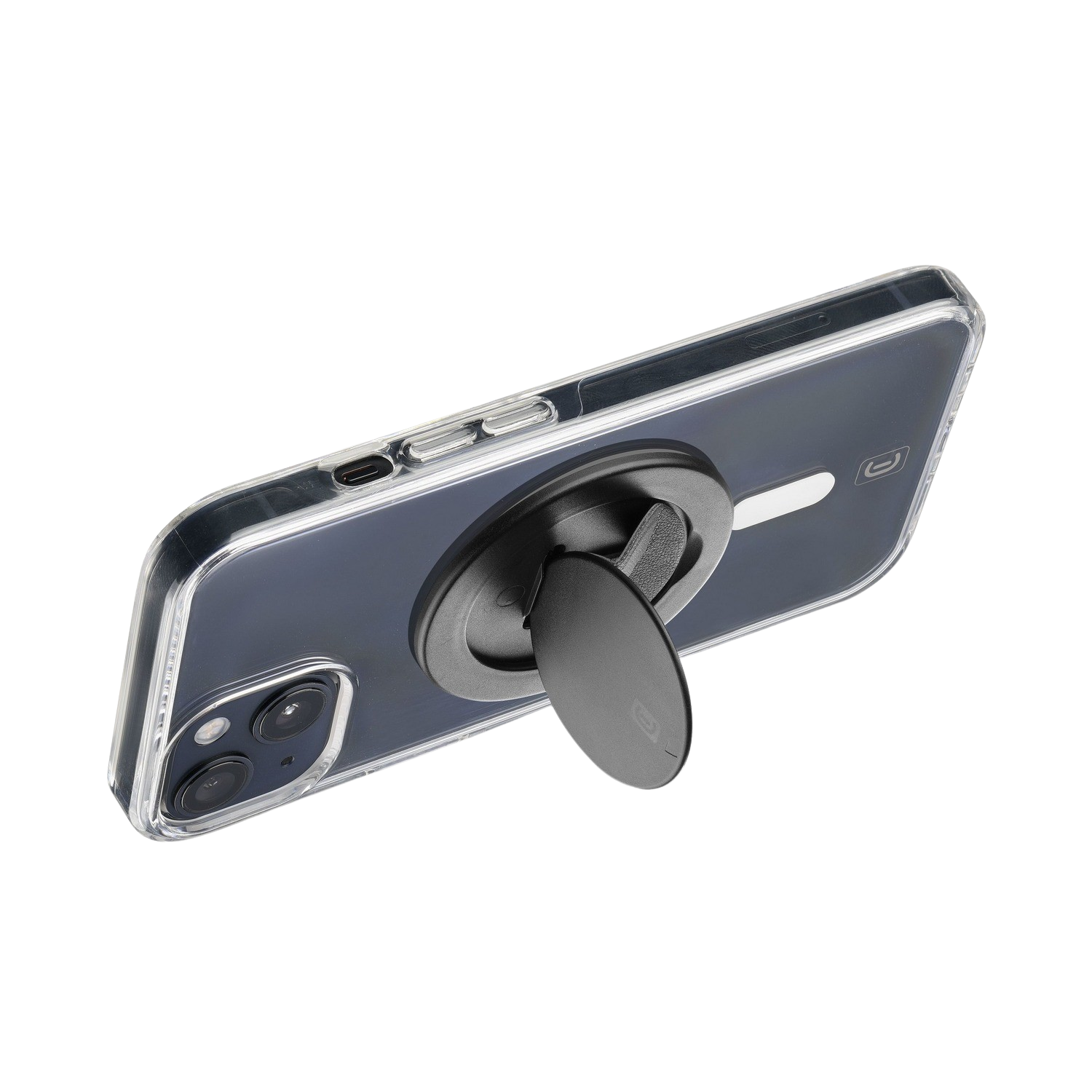 Teléfono en funda transparente con soporte negro. El teléfono mira hacia arriba.