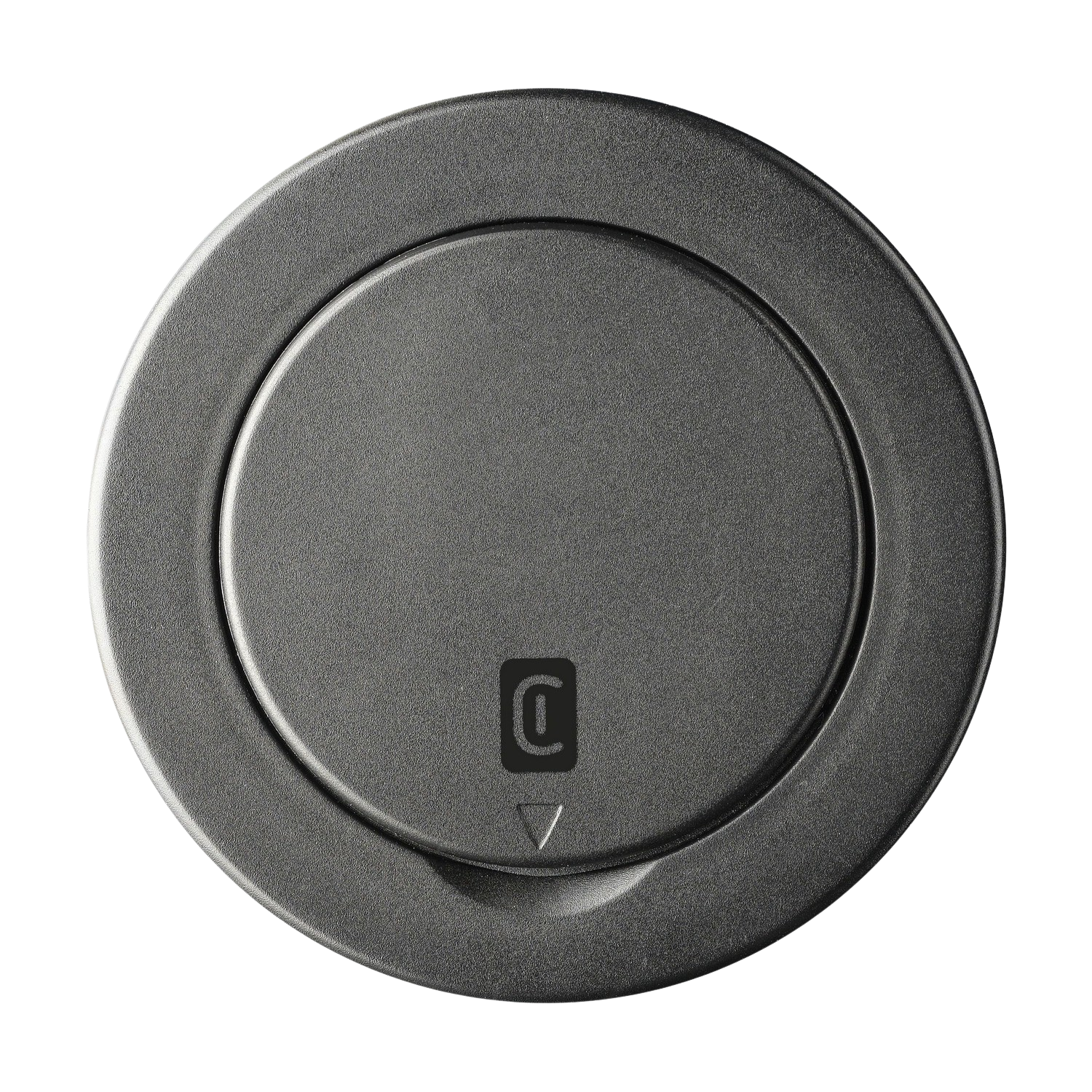Un botón empotrado circular gris oscuro con un símbolo 'C' blanco y una flecha que apunta hacia abajo.