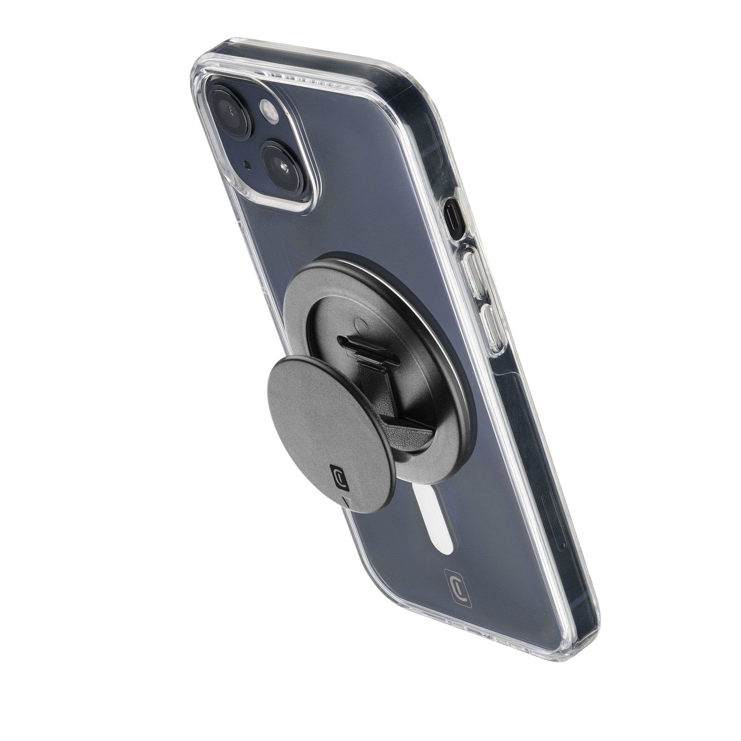 Una funda transparente para teléfono con un anillo magnético negro acoplado a un teléfono sobre fondo negro.