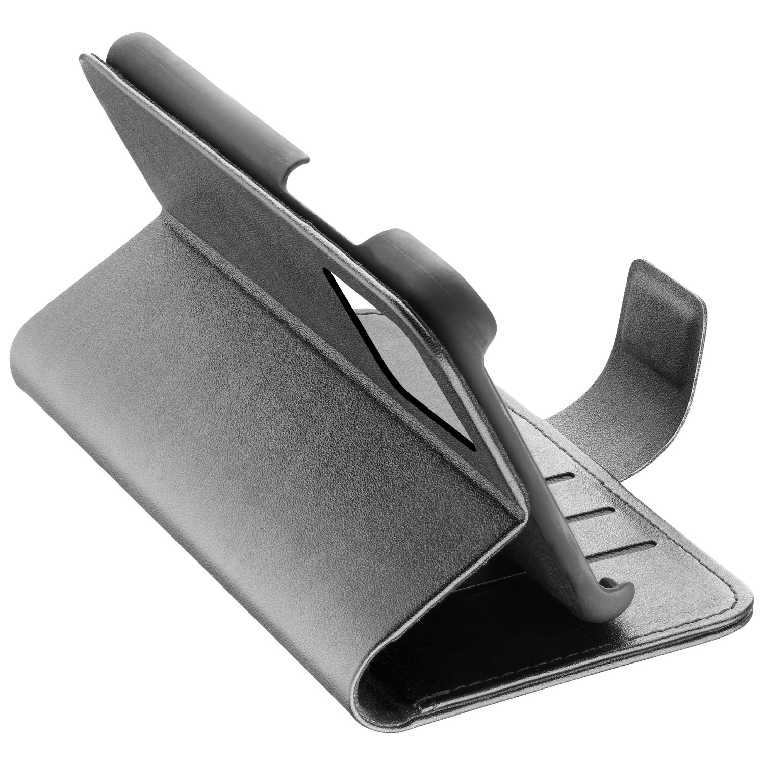 Una funda negra para teléfono con diseño de libro. Está abierta, mostrando el soporte del teléfono.
