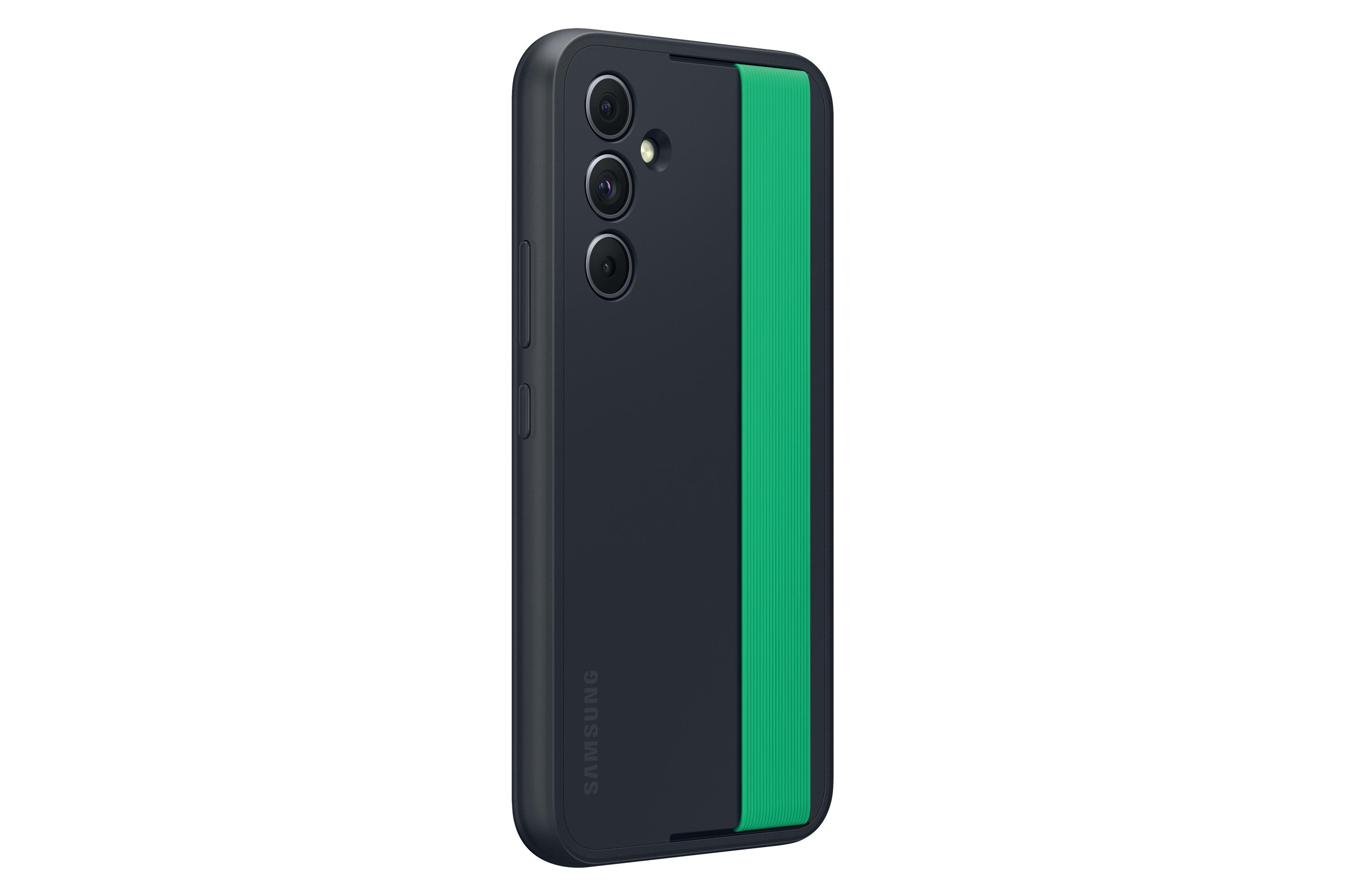 Una custodia per telefono nera con un cinturino verde. Il logo Samsung è visibile.