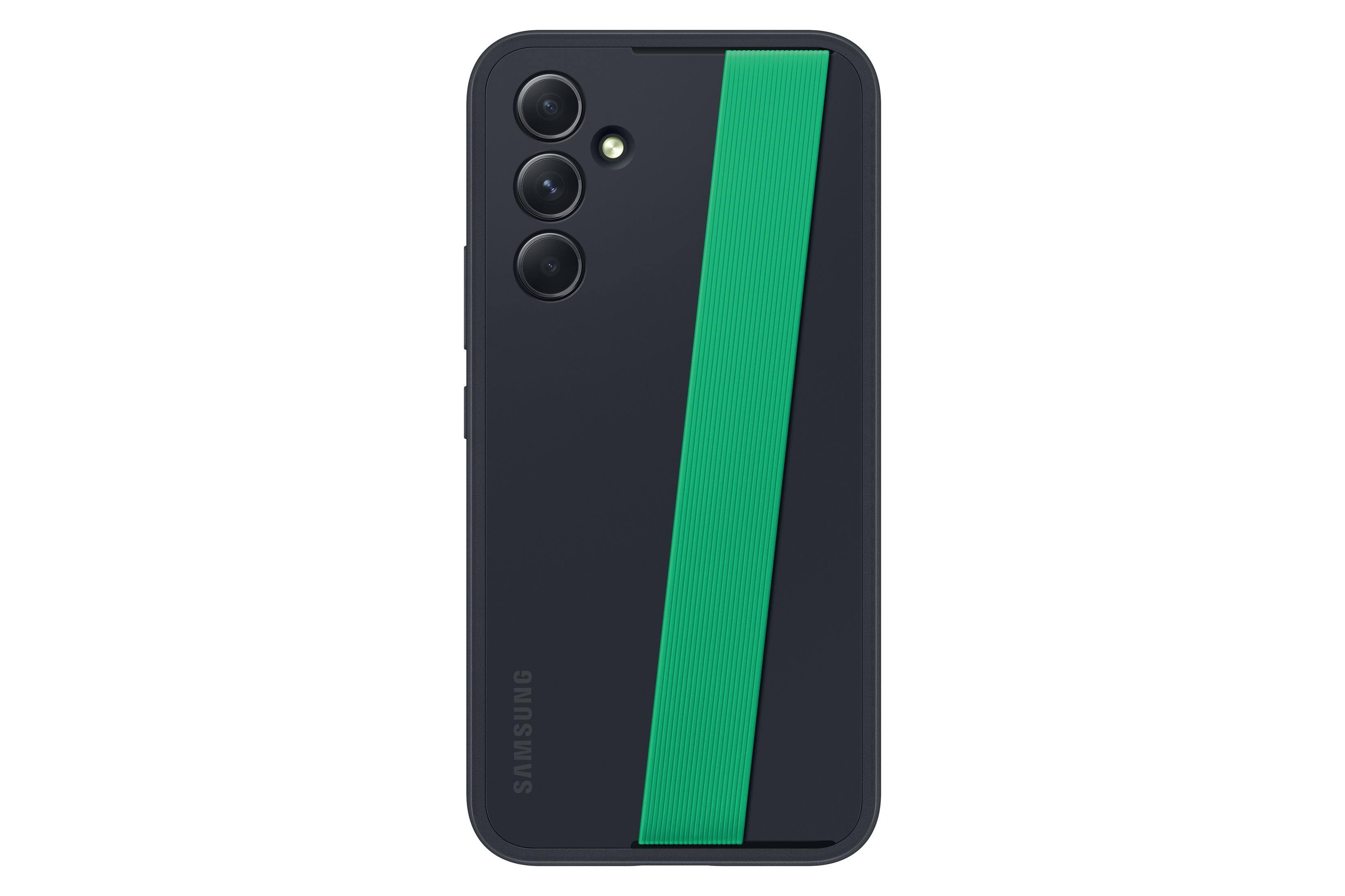 Retro di smartphone nero con striscia verde verticale e tripla fotocamera.