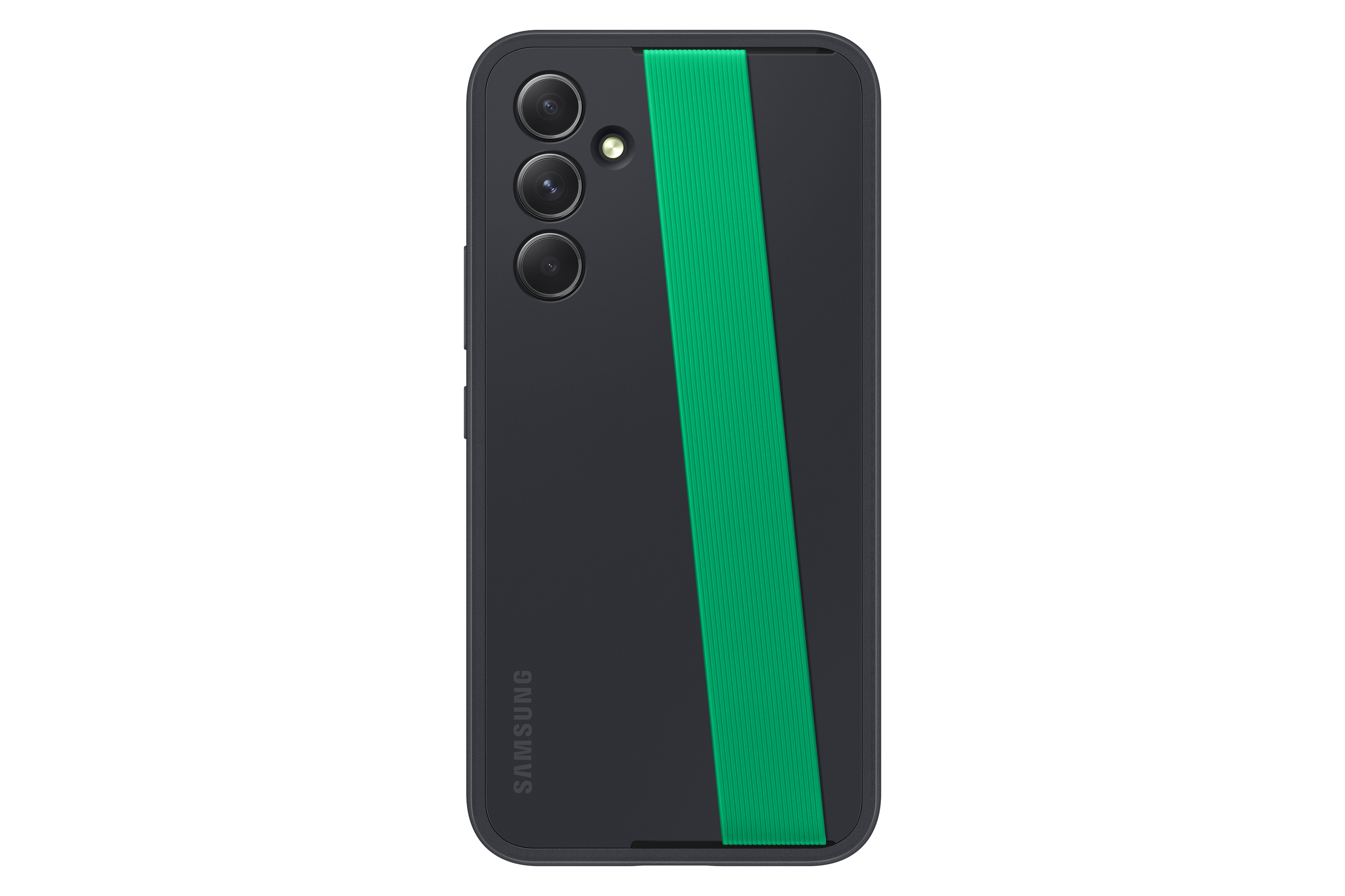 Custodia per telefono nera con una striscia verde, logo Samsung.