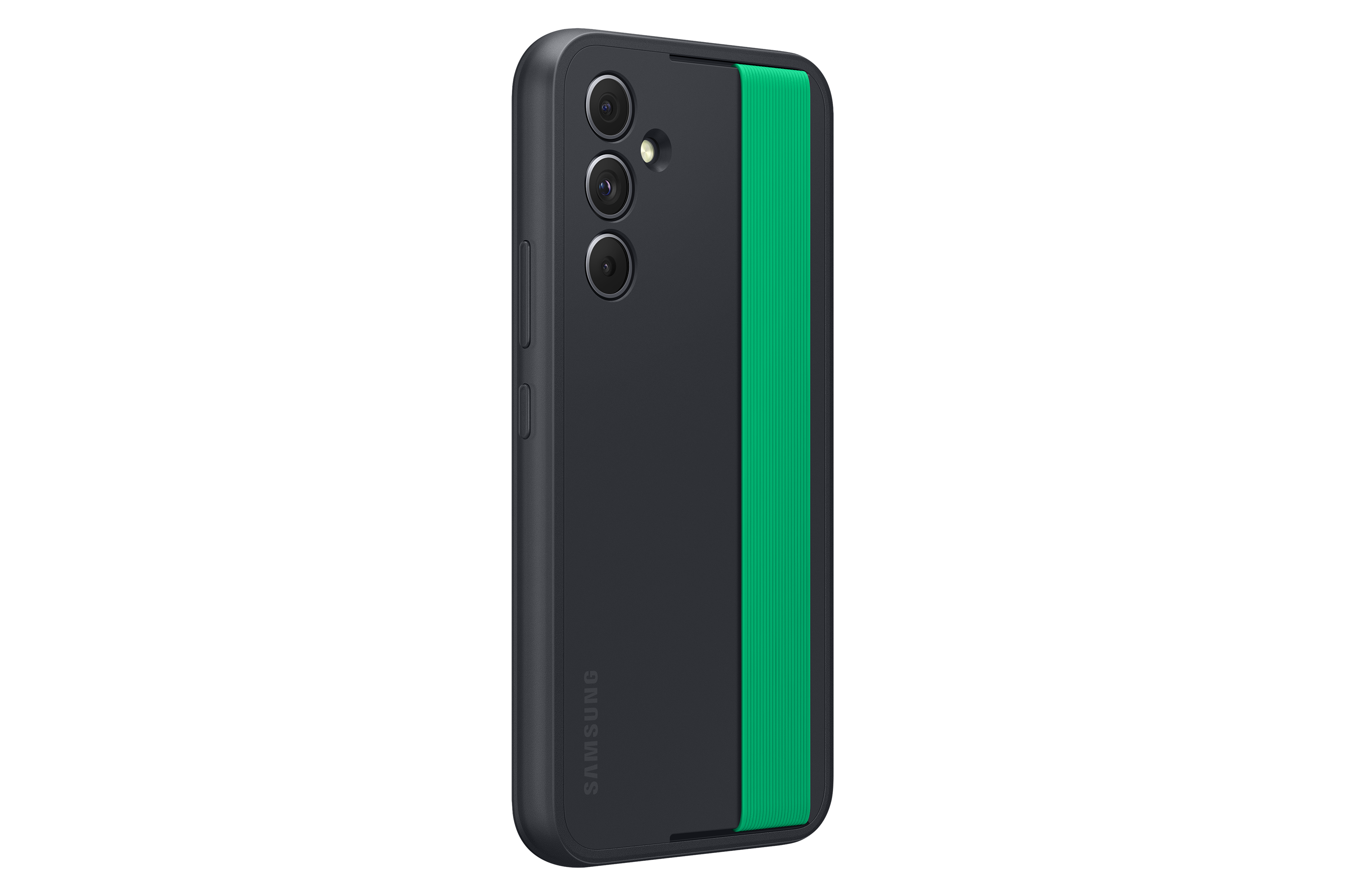 Custodia nera con cinturino verde. Logo Samsung in basso.