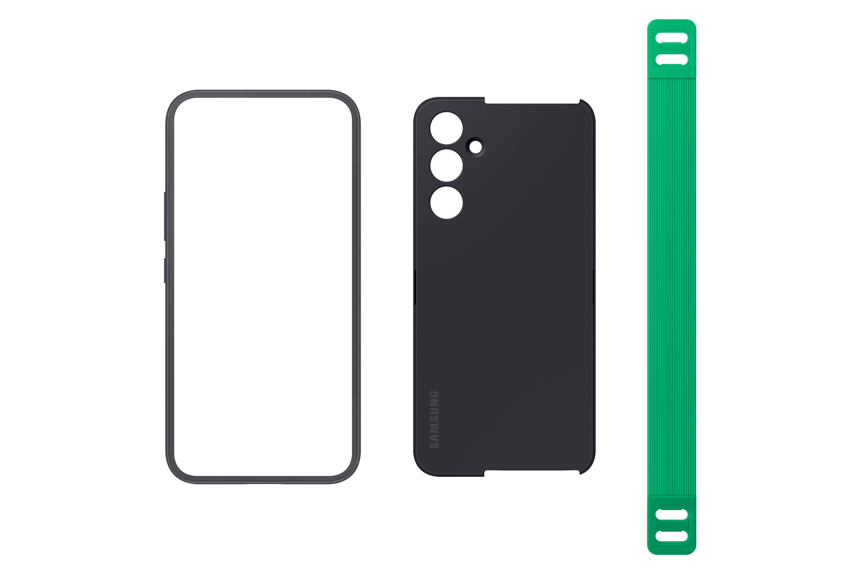 Un telefono, una custodia e una cinghia. La custodia è scura, la cinghia verde. Il telefono a sinistra.