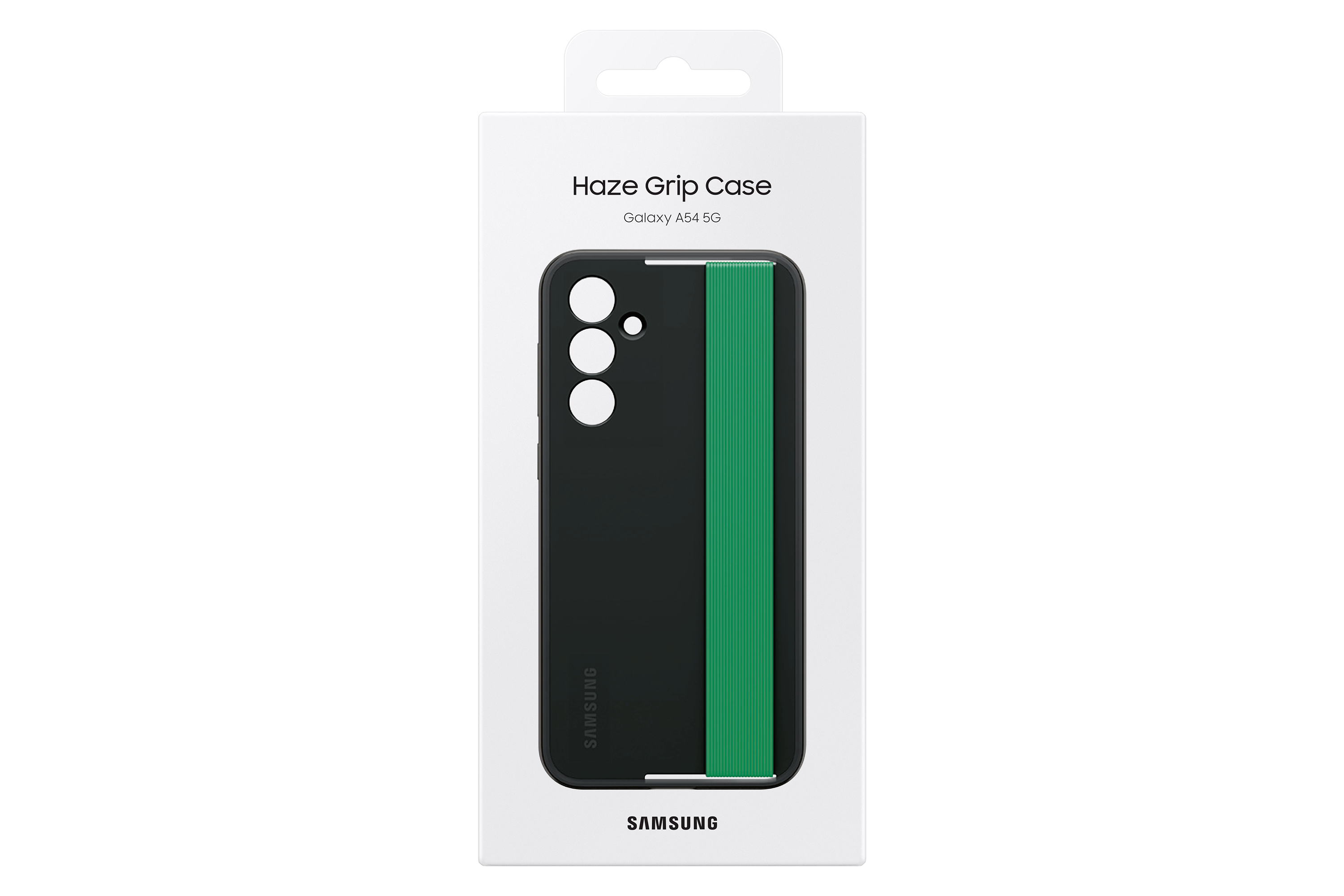 Una custodia per telefono nera con una fascia verde su sfondo bianco.