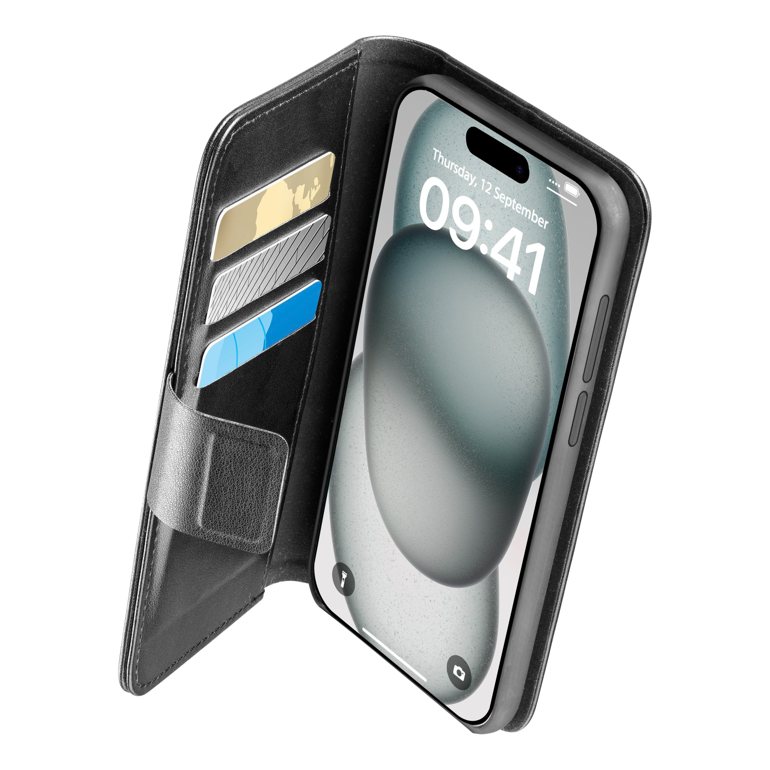Schwarze Handyhülle mit Karten und Handy, zeigt ein Display.