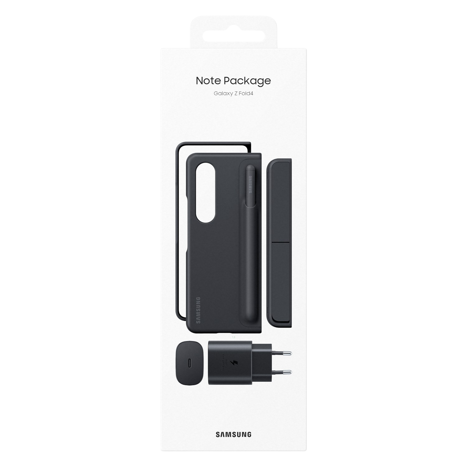 Una caja negra Note Package para un Galaxy Z Fold4, que muestra la funda, el lápiz, el cargador y el adaptador.
