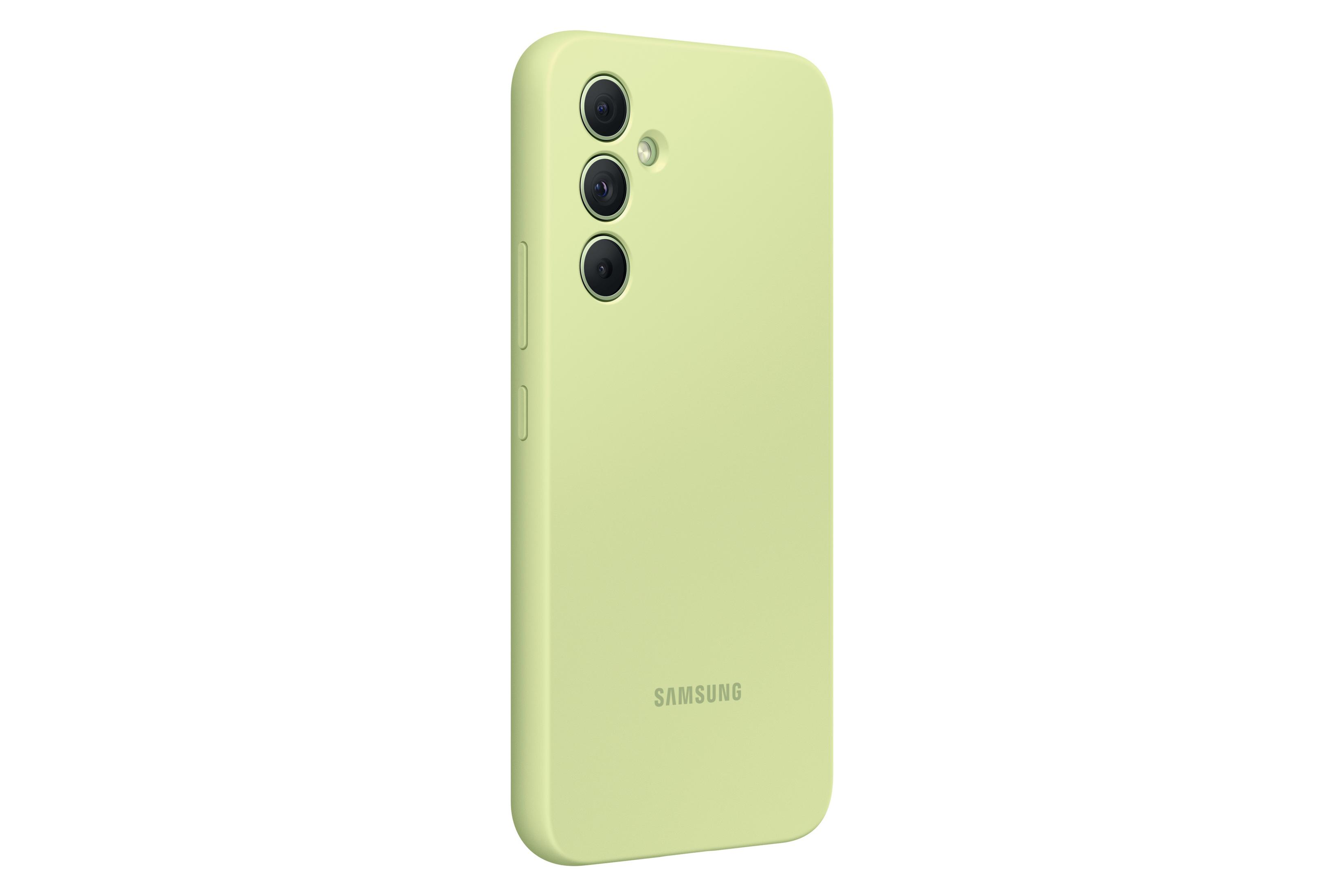Een lichtgroene telefoonhoes voor een Samsung telefoon, de achterkant met camera's en het Samsung logo.