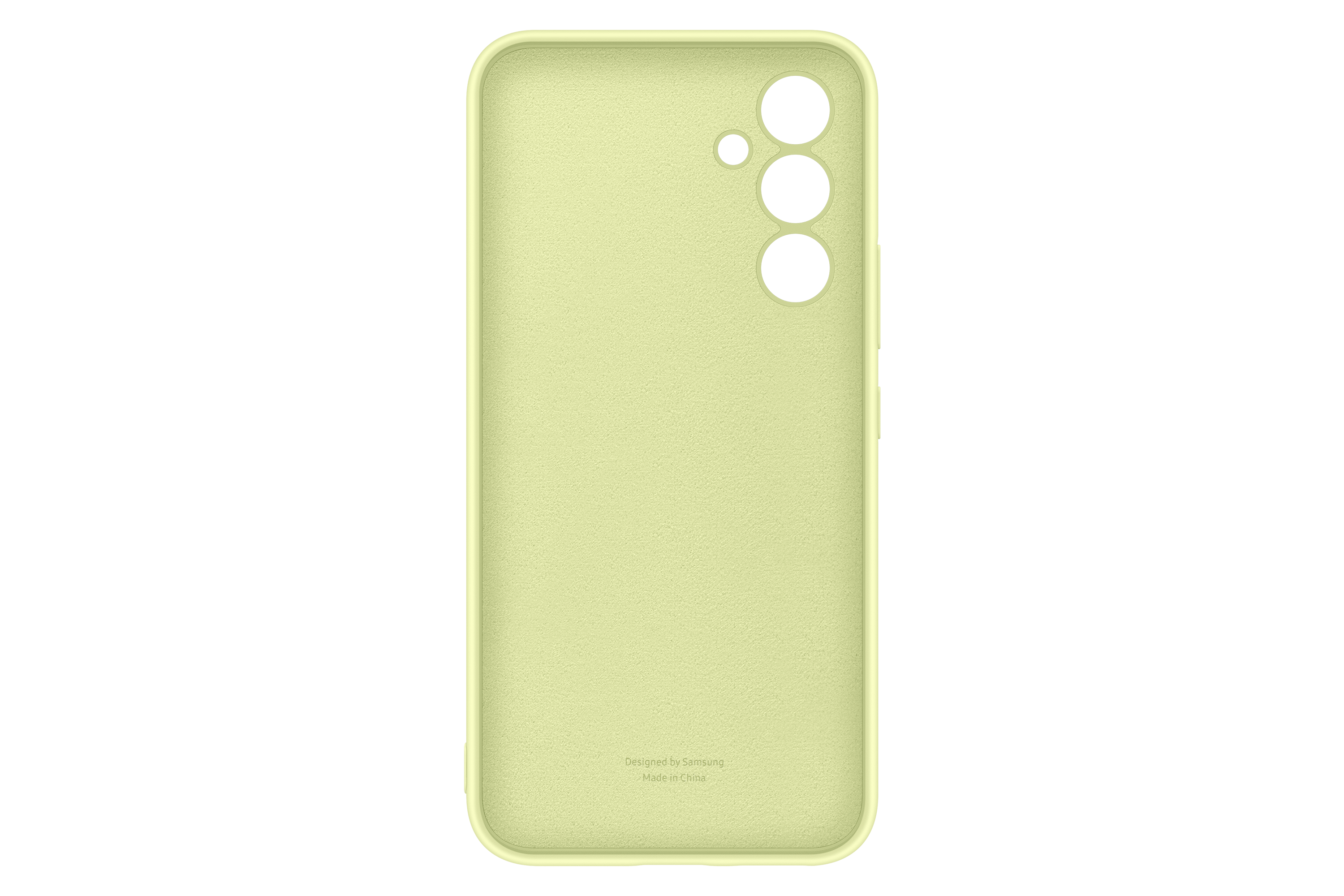 Lichtgroene telefoonhoes met camera-uitsparingen op zwarte achtergrond.