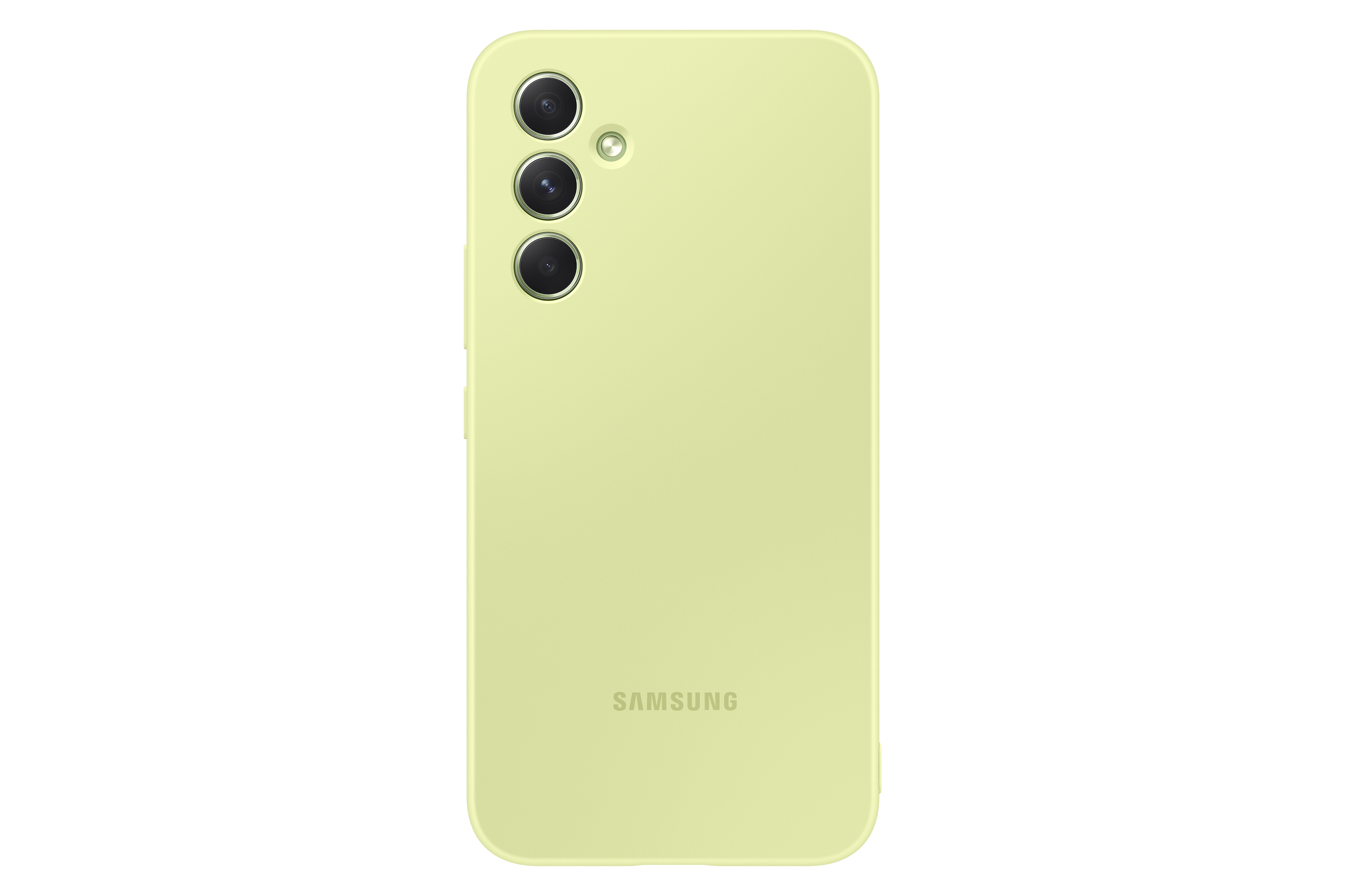 De achterkant van een lichtgroene smartphone. Het heeft drie cameralenzen en een Samsung-logo, op een zwarte achtergrond.