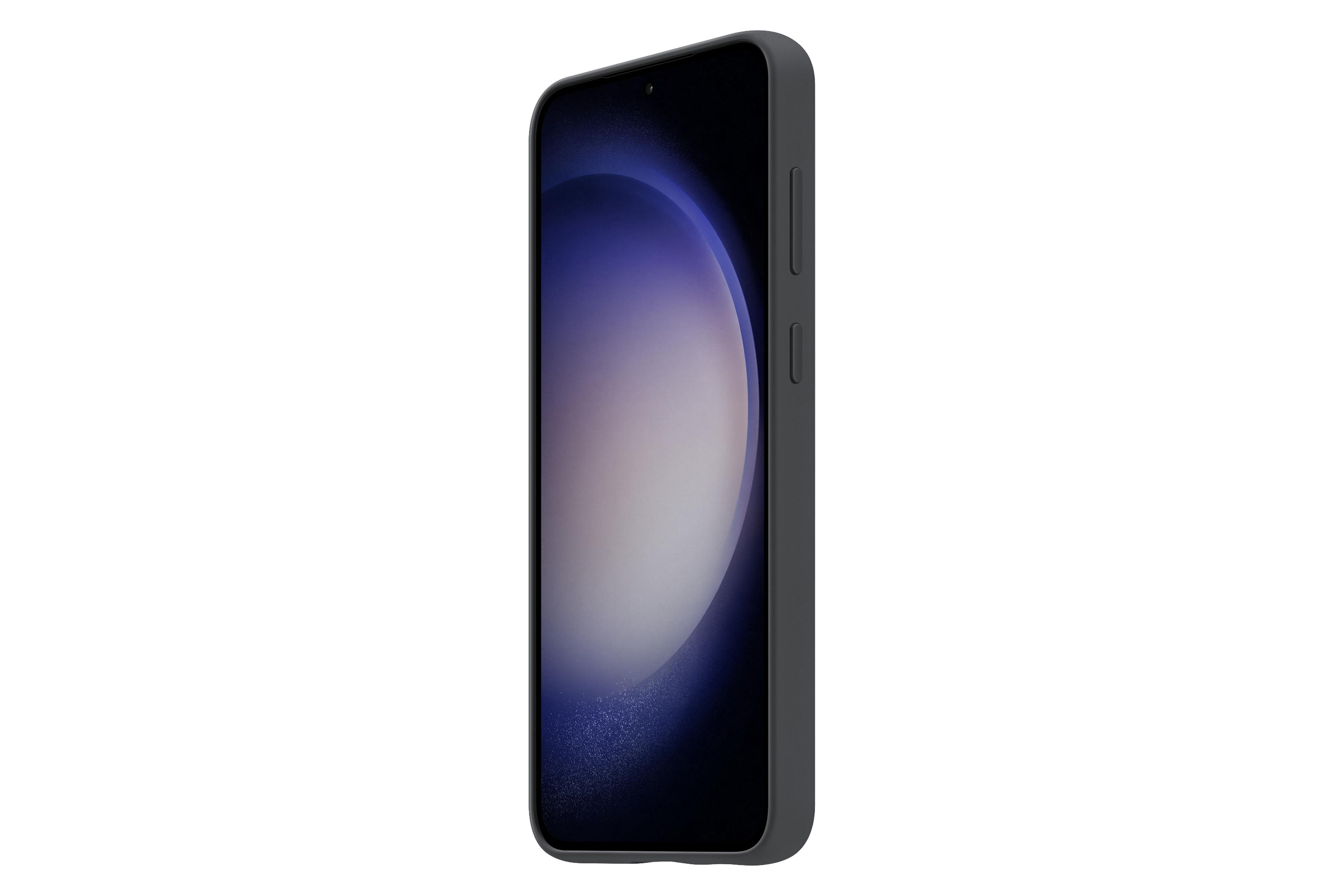 Zwarte smartphone, zijaanzicht. Het scherm staat aan.