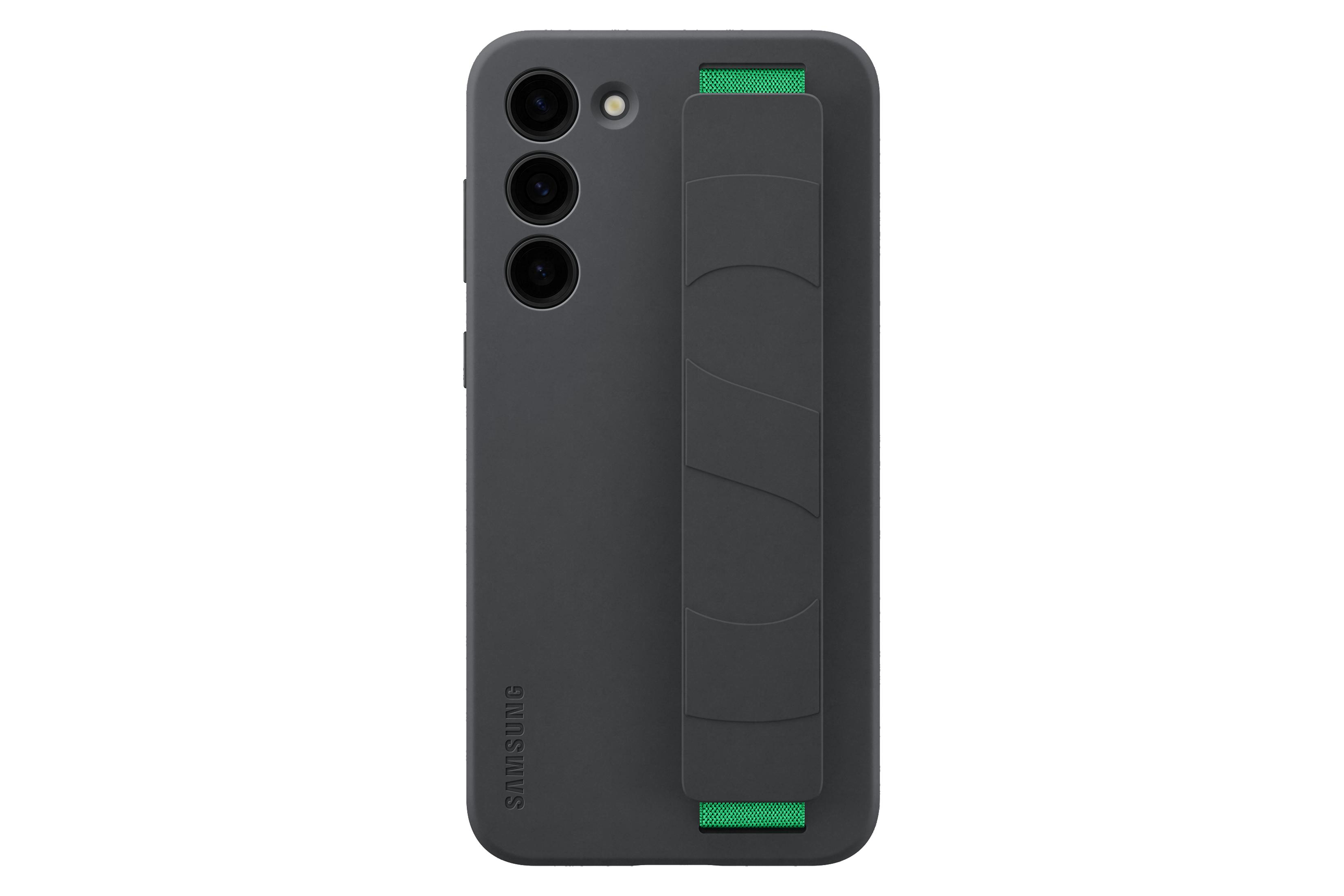 Donkergrijze Samsung telefoonhoes met een groene band, camera en knoppen.