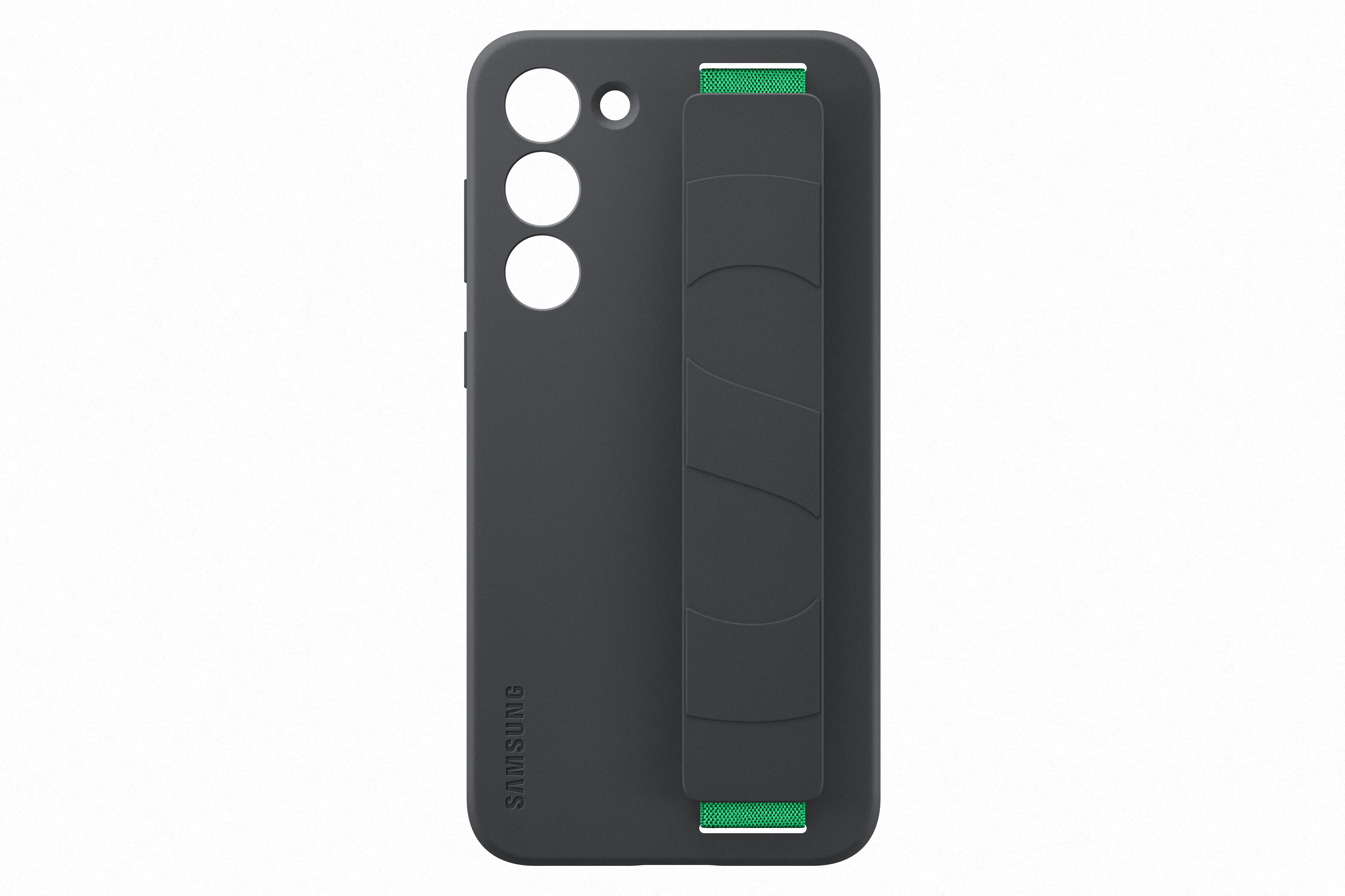 Zwarte telefoonhoes met een groene band en drie knoppen aan de zijkant.