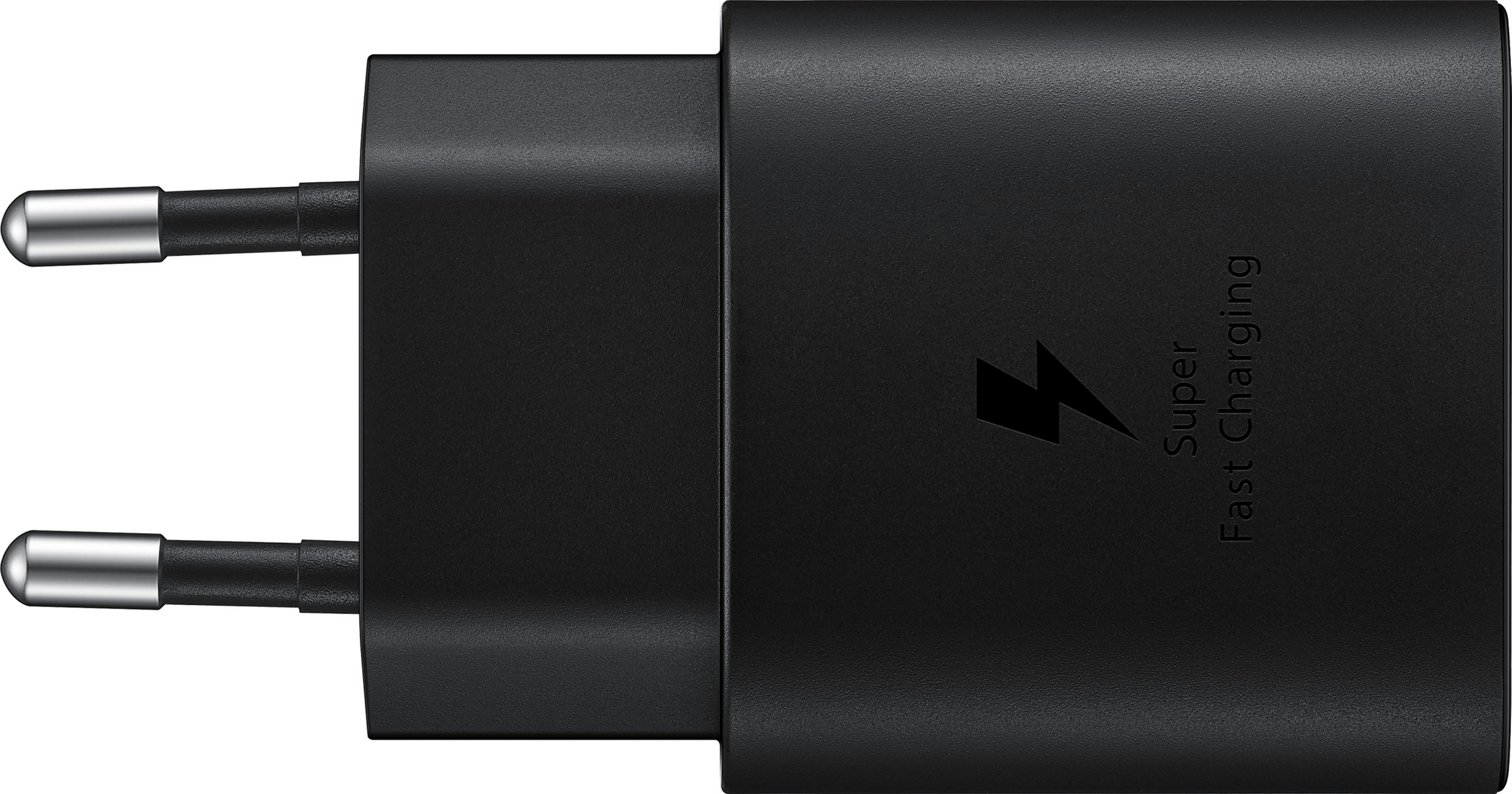 Cargador rápido Samsung negro con dos clavijas plateadas.